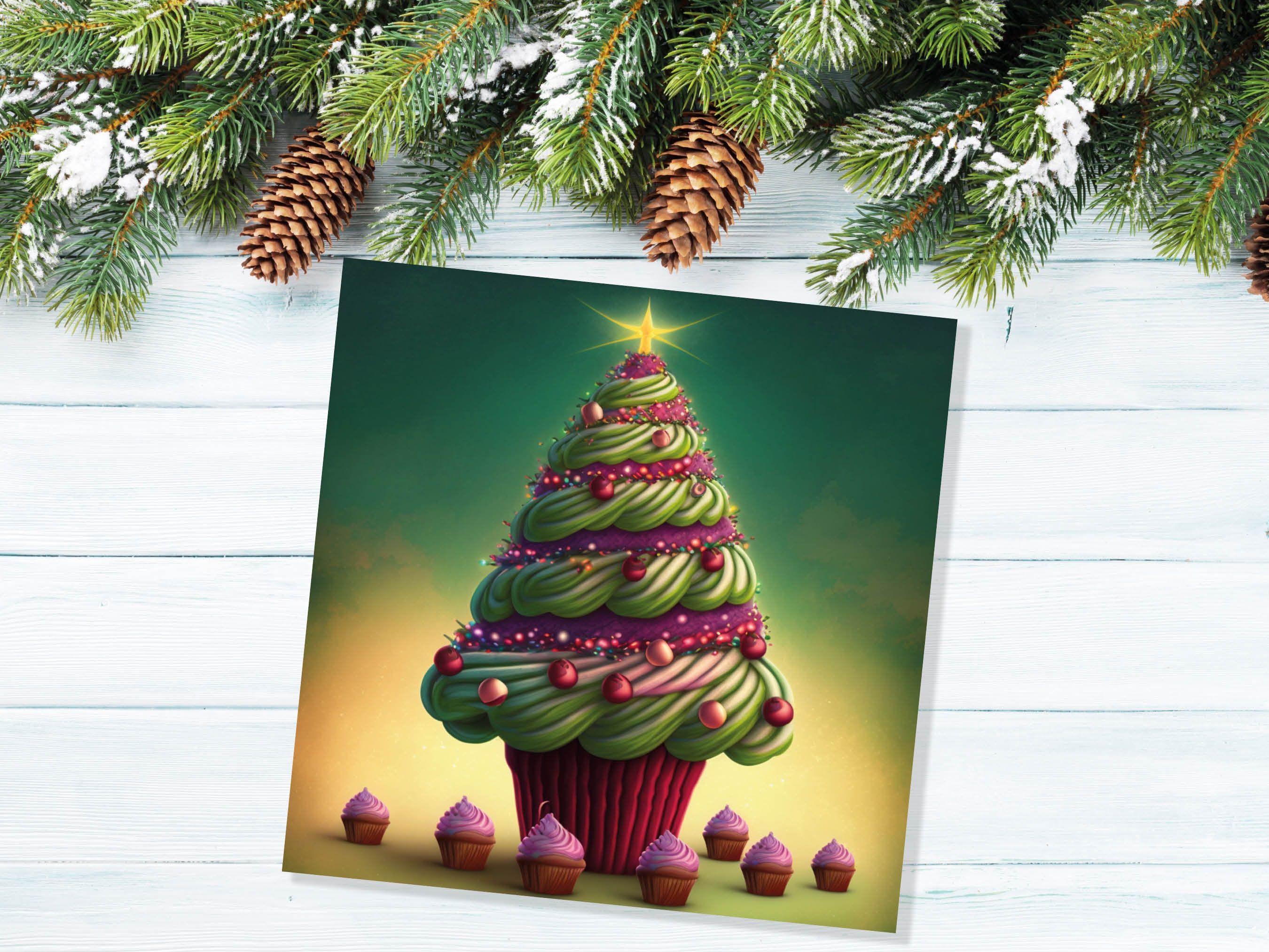 Cupcake Christmas Tree Card Fairy Cake with Green Frosting Icing Pink Sprinkles Xmas Greetings Card For Bakers Baking Family Friends 2025