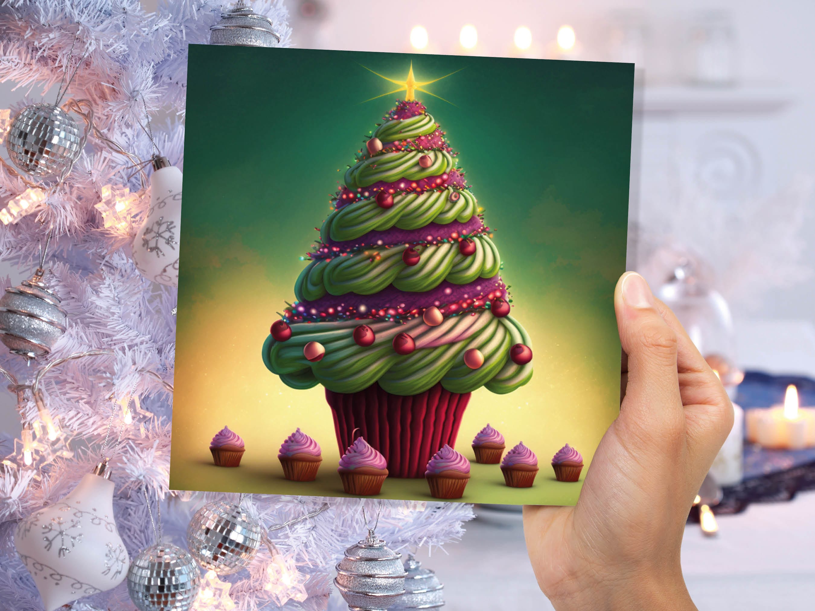 Cupcake Christmas Tree Card Fairy Cake with Green Frosting Icing Pink Sprinkles Xmas Greetings Card For Bakers Baking Family Friends 2025 - View 4
