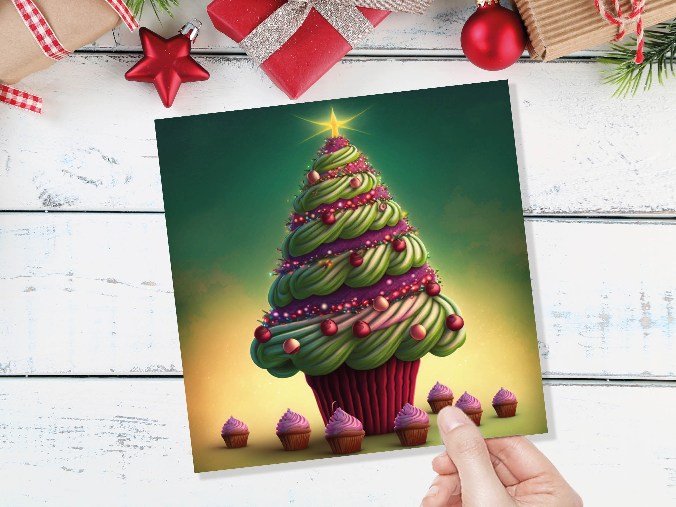 Cupcake Christmas Tree Card Fairy Cake with Green Frosting Icing Pink Sprinkles Xmas Greetings Card For Bakers Baking Family Friends 2025 - View 8