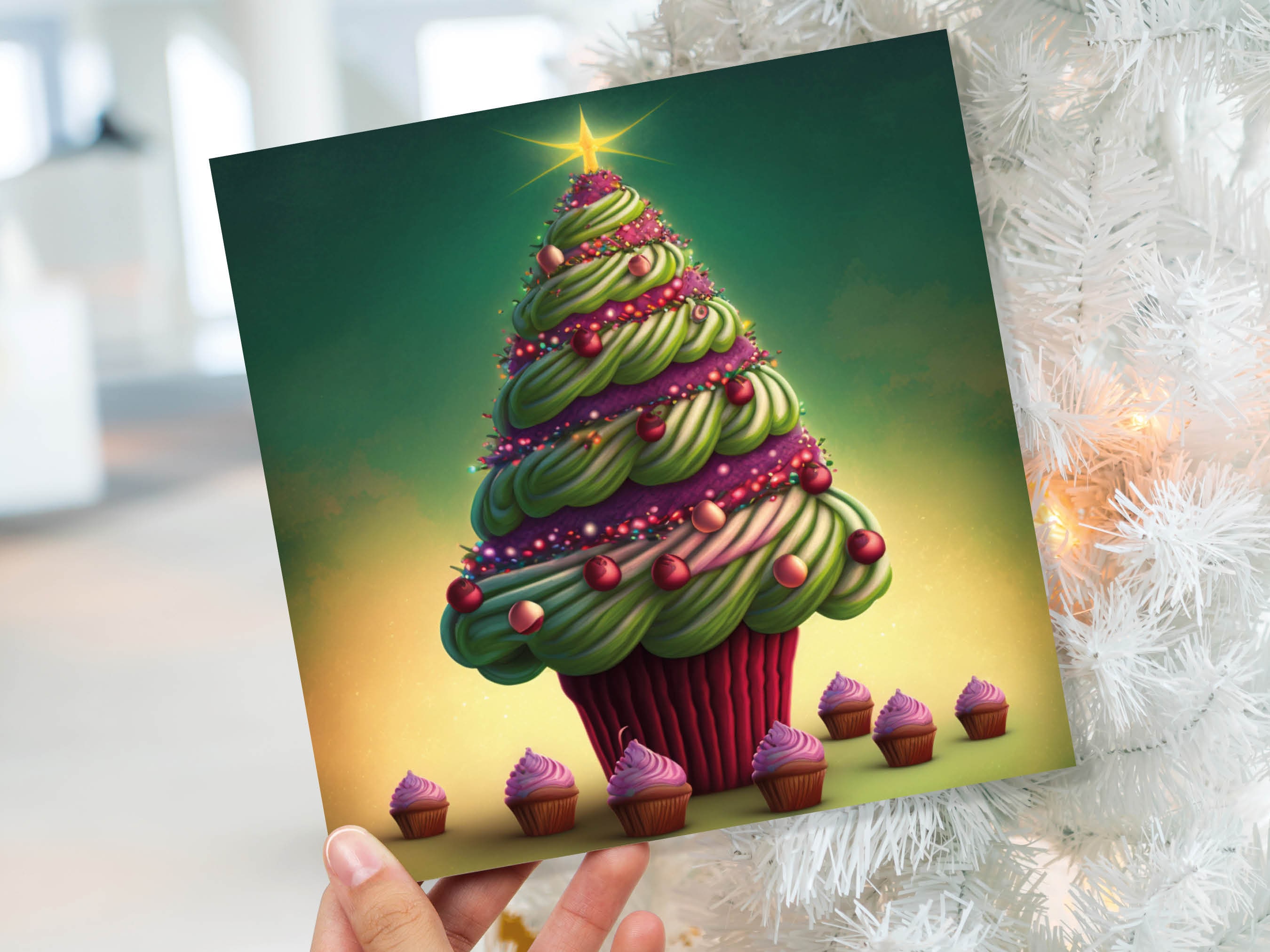 Cupcake Christmas Tree Card Fairy Cake with Green Frosting Icing Pink Sprinkles Xmas Greetings Card For Bakers Baking Family Friends 2025 - View 9
