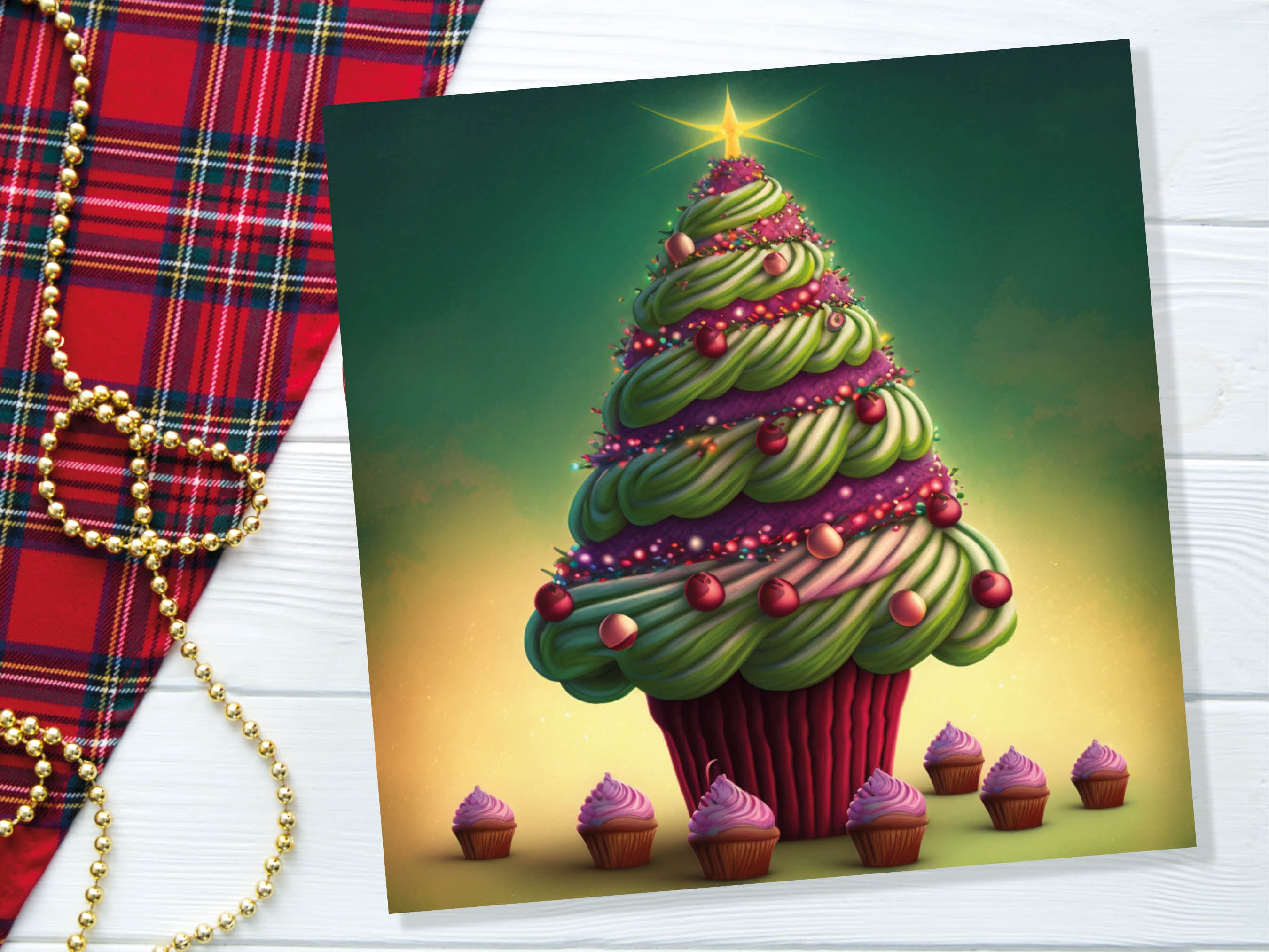 Cupcake Christmas Tree Card Fairy Cake with Green Frosting Icing Pink Sprinkles Xmas Greetings Card For Bakers Baking Family Friends 2025 - View 5