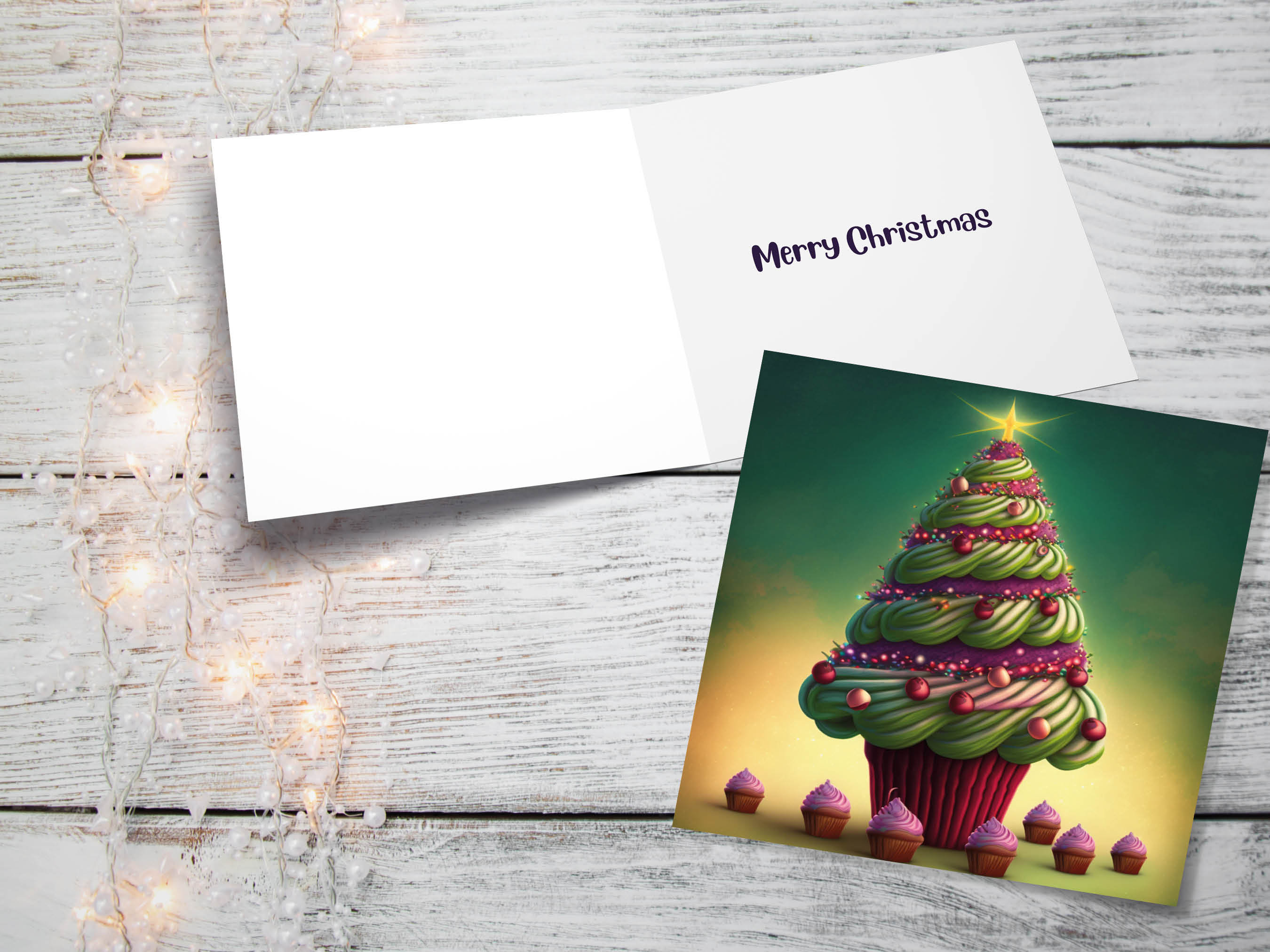 Cupcake Christmas Tree Card Fairy Cake with Green Frosting Icing Pink Sprinkles Xmas Greetings Card For Bakers Baking Family Friends 2025 - View 10