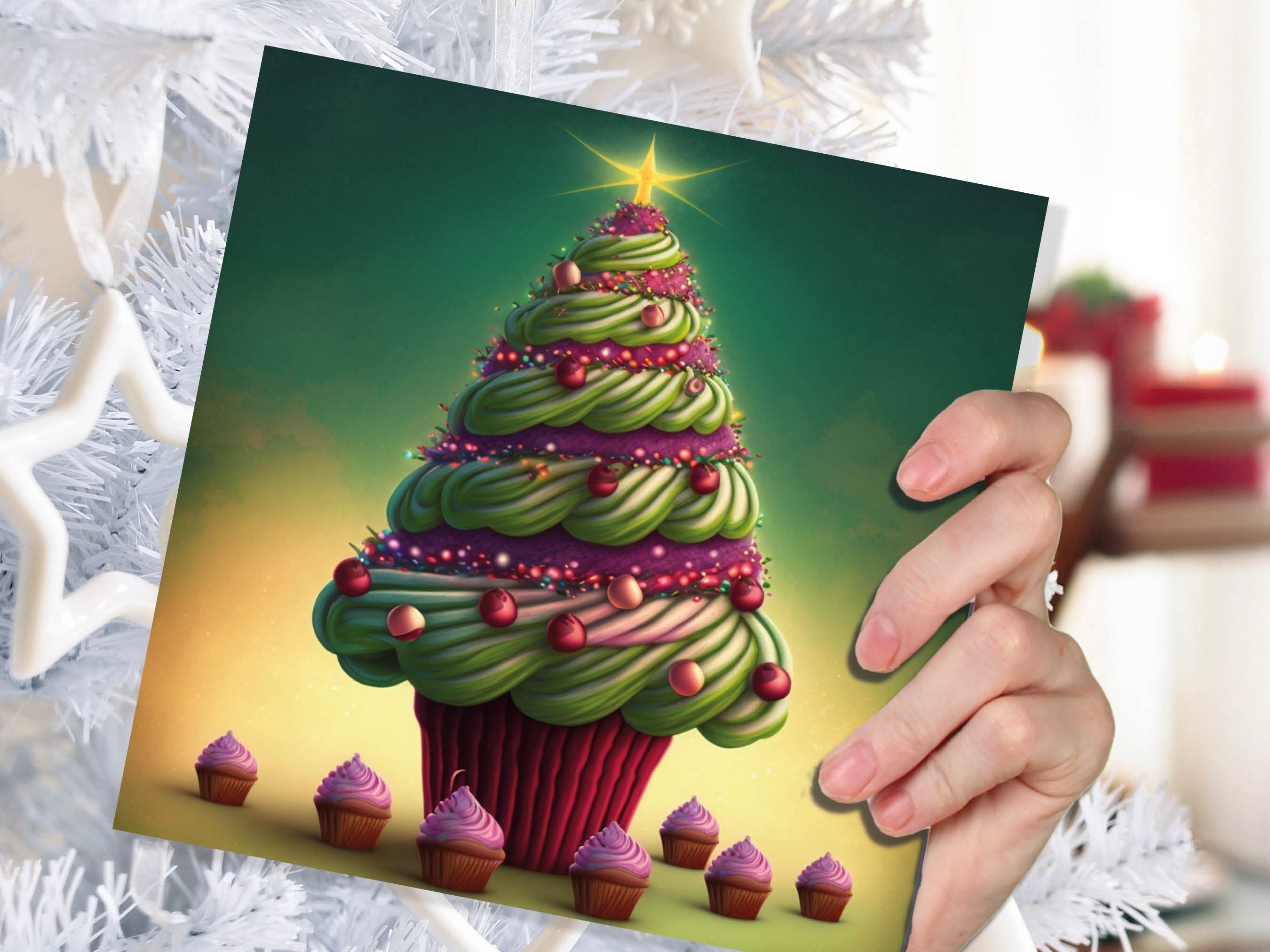 Cupcake Christmas Tree Card Fairy Cake with Green Frosting Icing Pink Sprinkles Xmas Greetings Card For Bakers Baking Family Friends 2025 - View 6