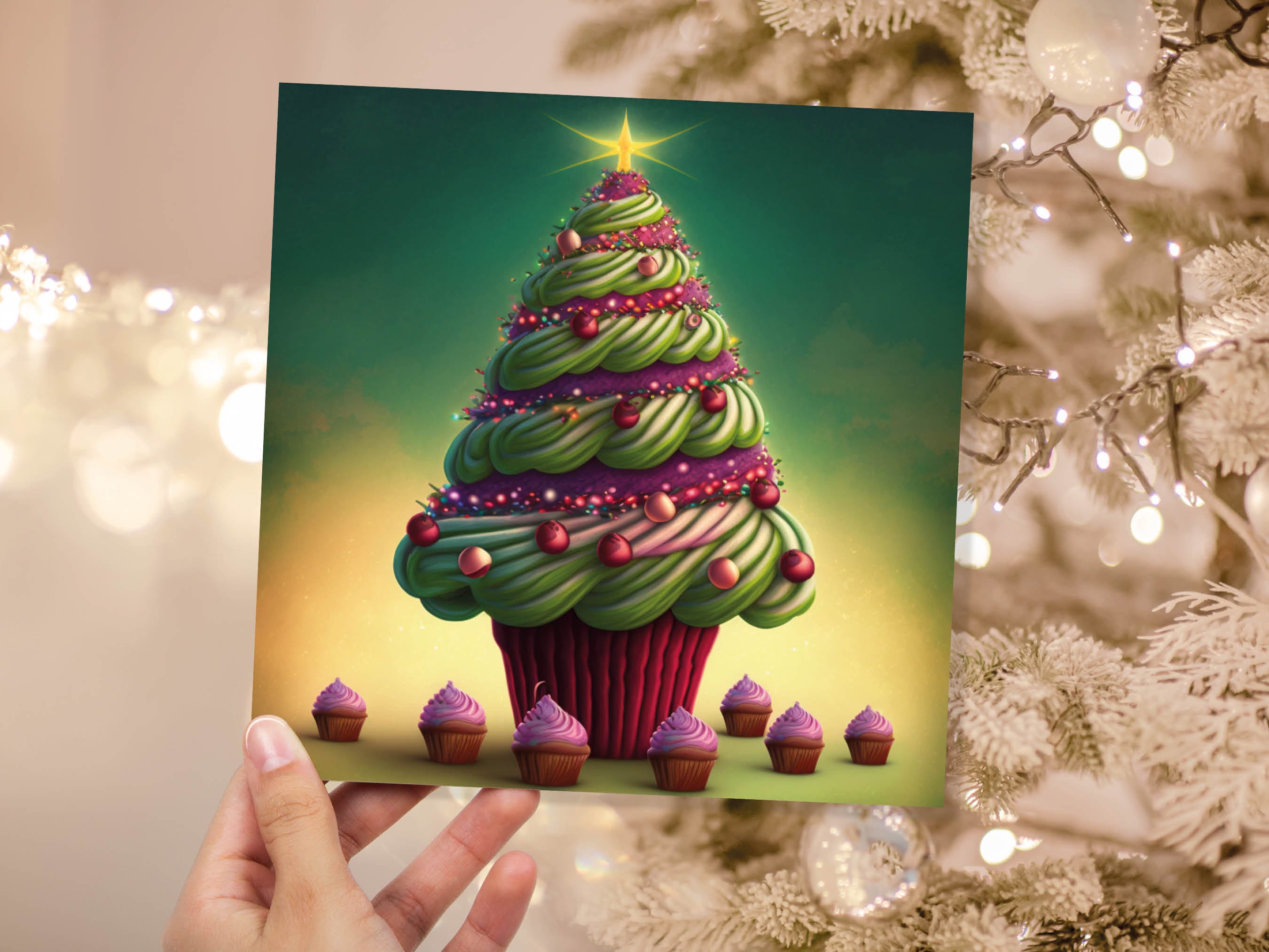 Cupcake Christmas Tree Card Fairy Cake with Green Frosting Icing Pink Sprinkles Xmas Greetings Card For Bakers Baking Family Friends 2025 - View 3