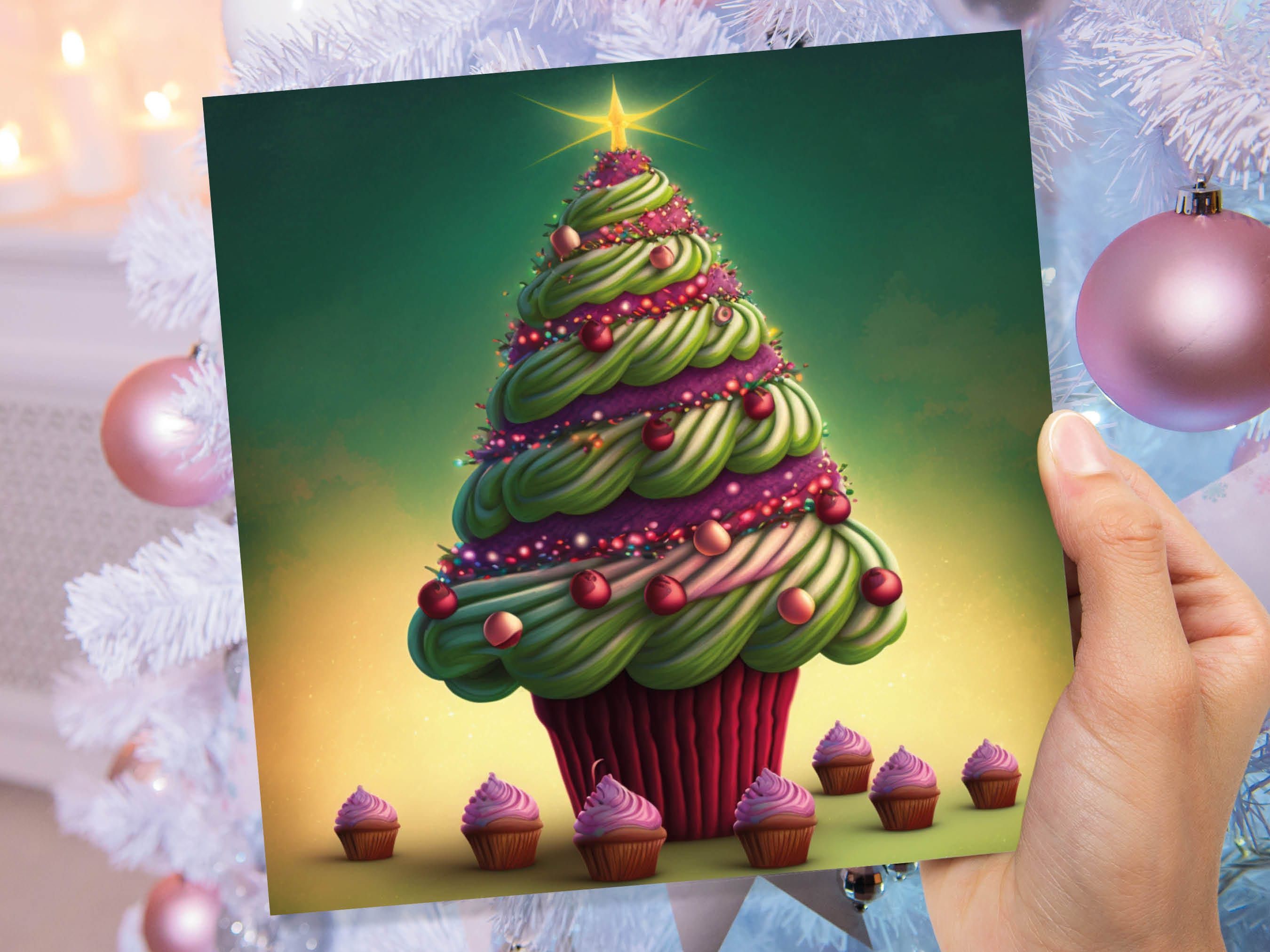 Cupcake Christmas Tree Card Fairy Cake with Green Frosting Icing Pink Sprinkles Xmas Greetings Card For Bakers Baking Family Friends 2025 - View 7