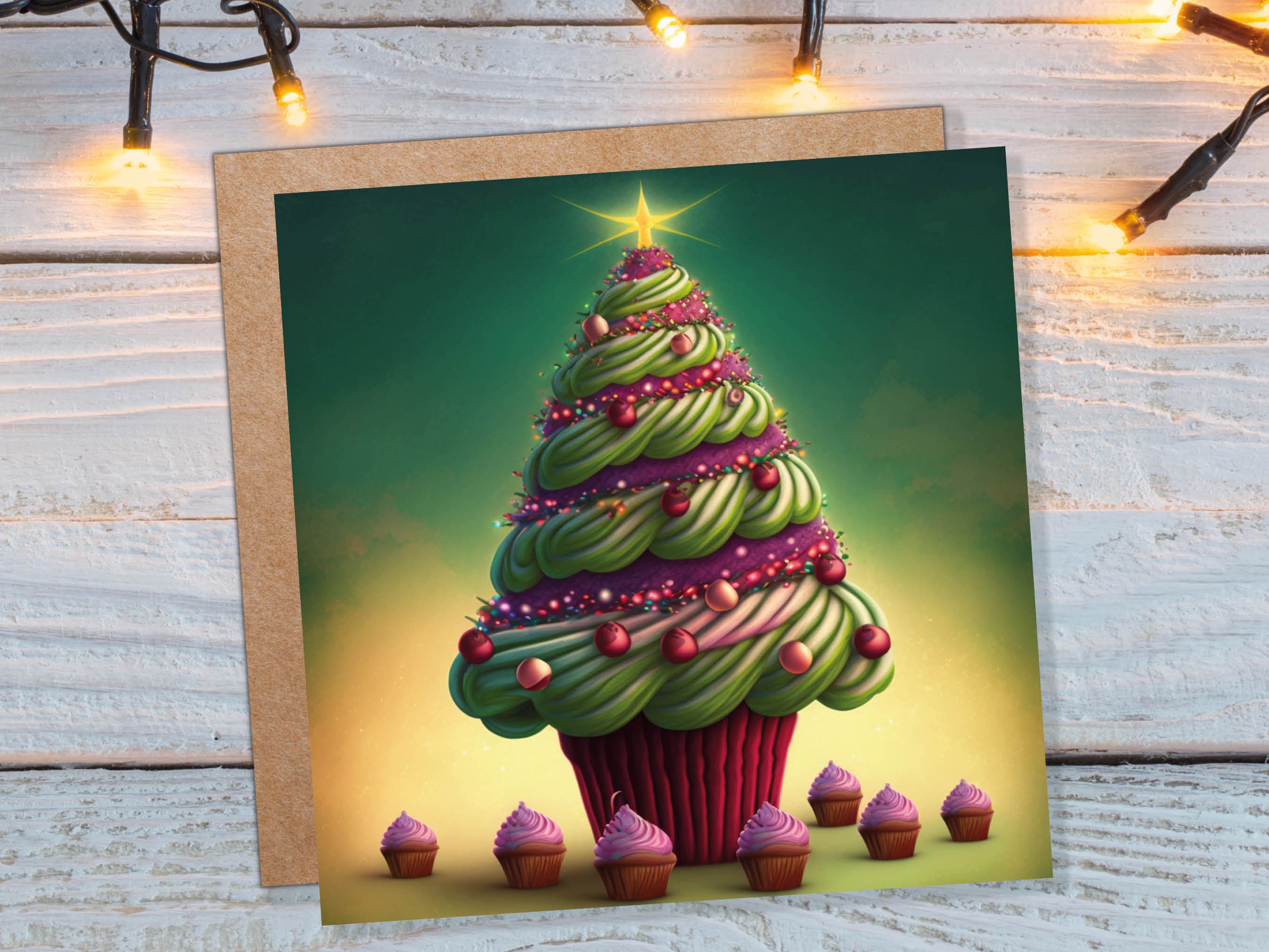 Cupcake Christmas Tree Card Fairy Cake with Green Frosting Icing Pink Sprinkles Xmas Greetings Card For Bakers Baking Family Friends 2025 - View 2