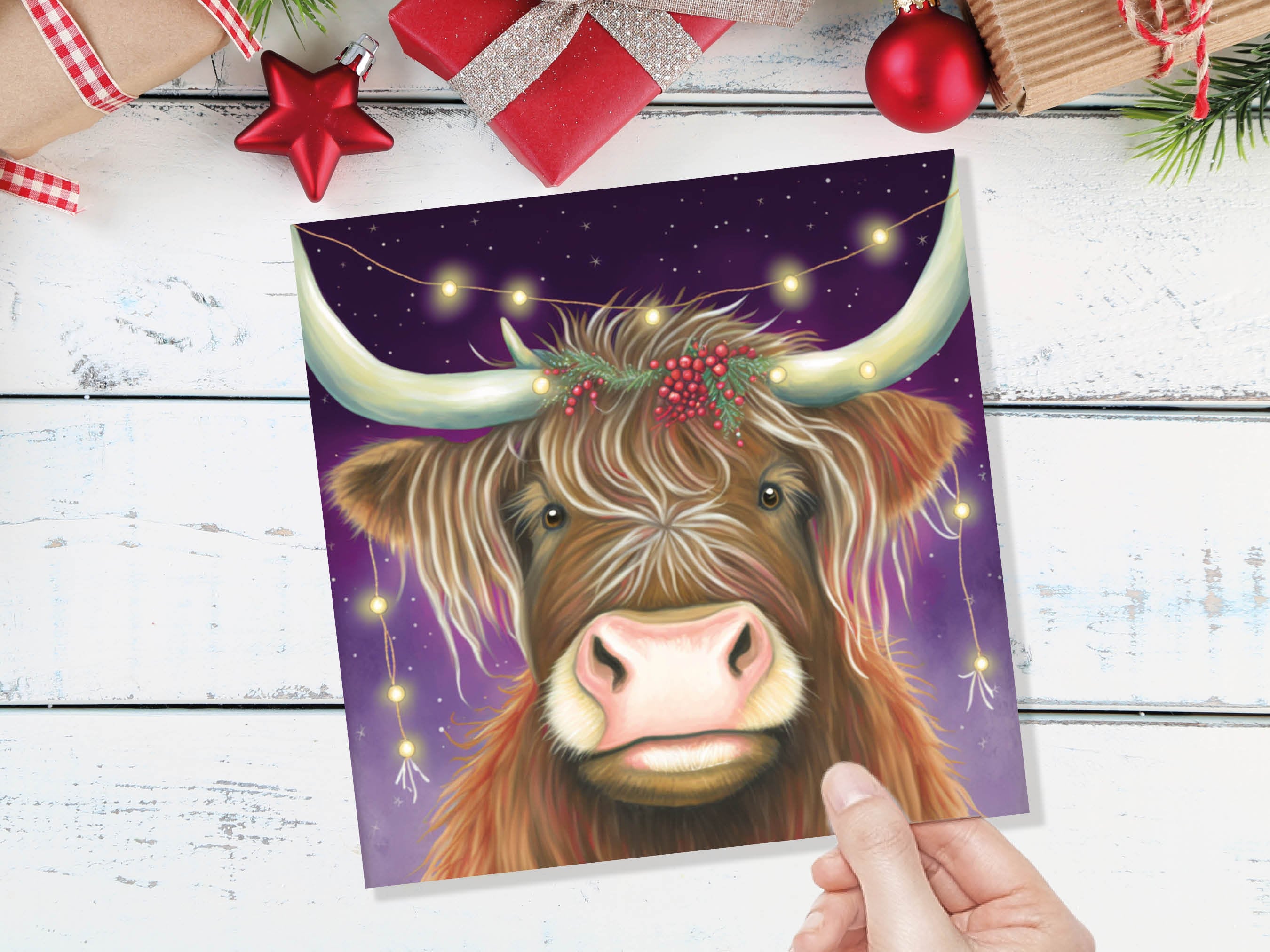 Highland Cow Card Heilan Muckle Coo with Fairy Lights Magical Night Purple Scotland Scottish Greetings Family Friends Xmas 2025 Thank You - View 8