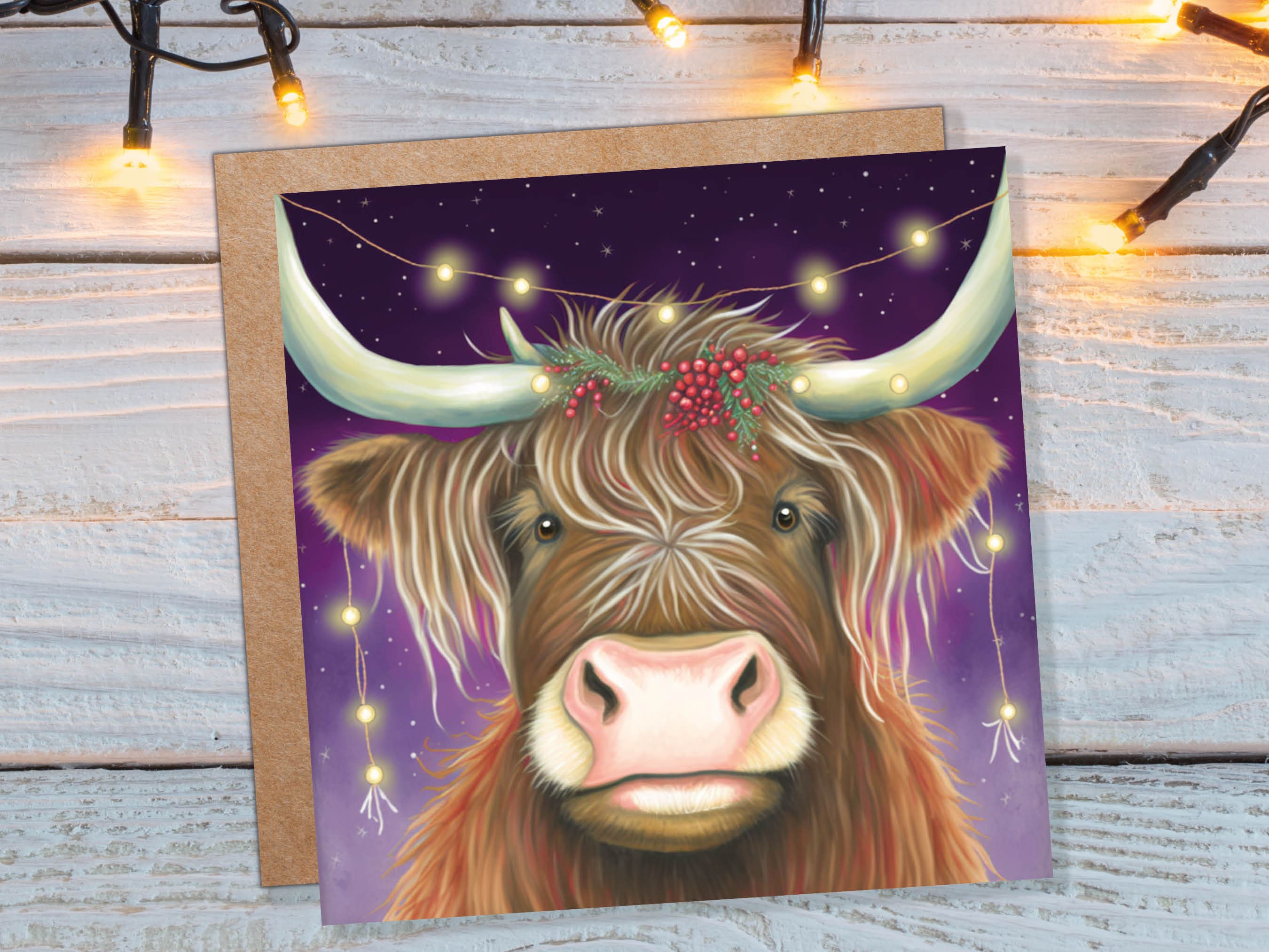 Highland Cow Card Heilan Muckle Coo with Fairy Lights Magical Night Purple Scotland Scottish Greetings Family Friends Xmas 2025 Thank You - View 3