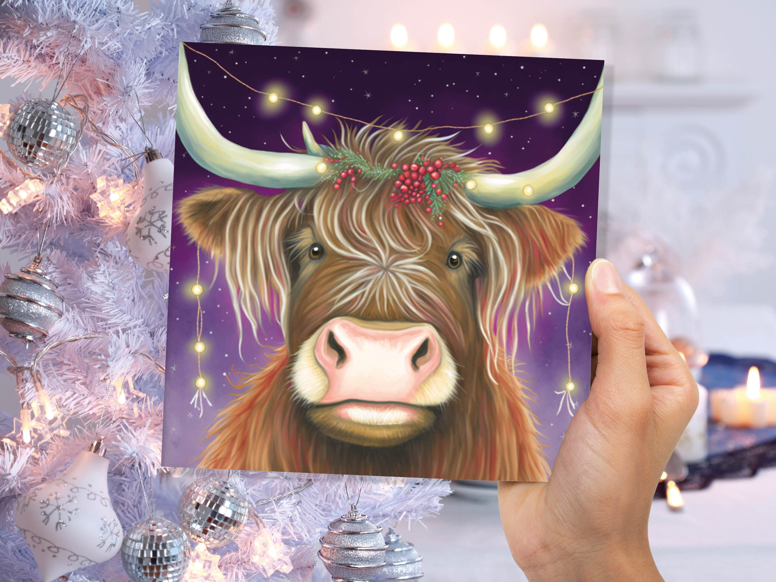 Highland Cow Card Heilan Muckle Coo with Fairy Lights Magical Night Purple Scotland Scottish Greetings Family Friends Xmas 2025 Thank You - View 2