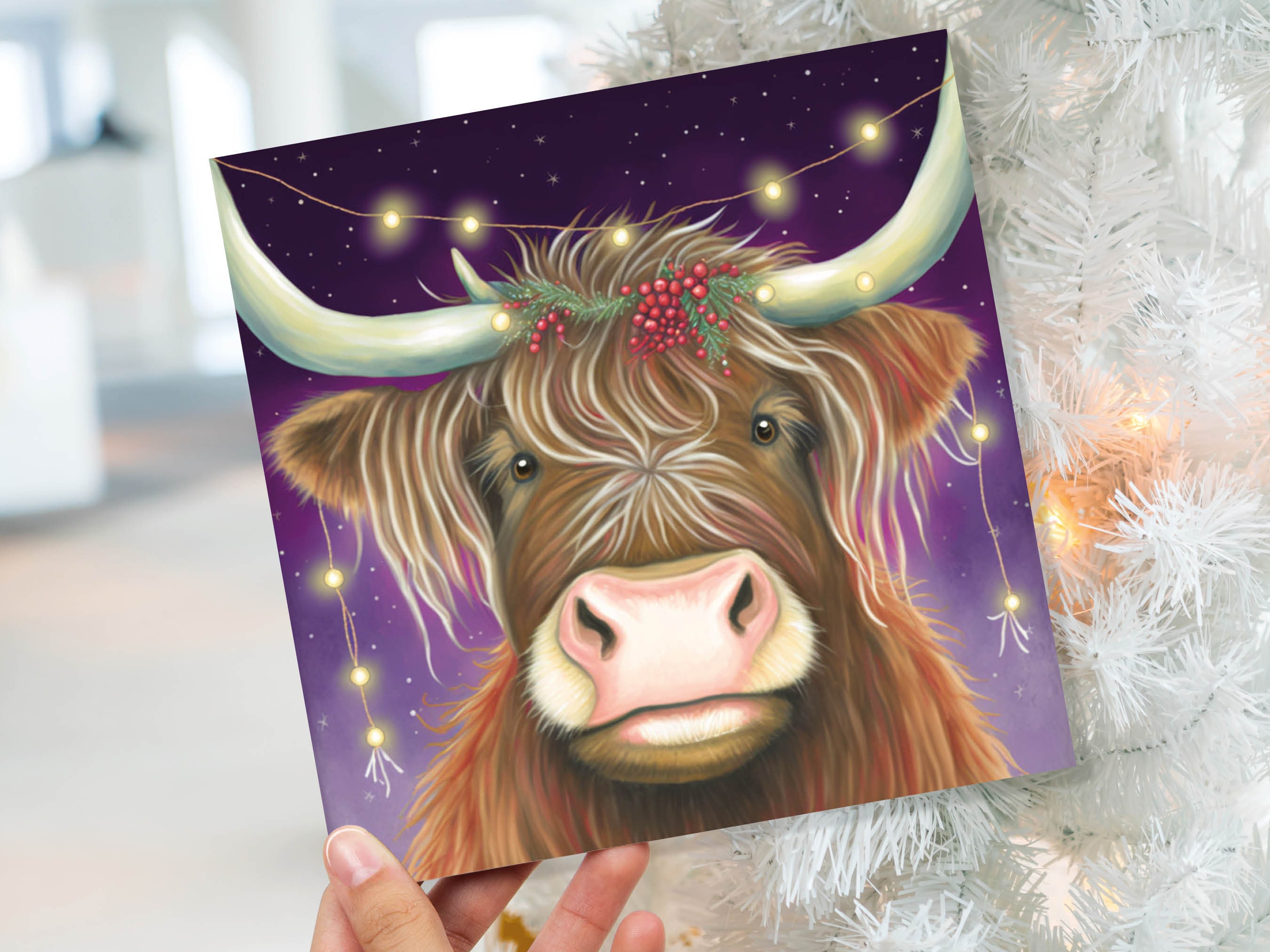 Highland Cow Card Heilan Muckle Coo with Fairy Lights Magical Night Purple Scotland Scottish Greetings Family Friends Xmas 2025 Thank You - View 9