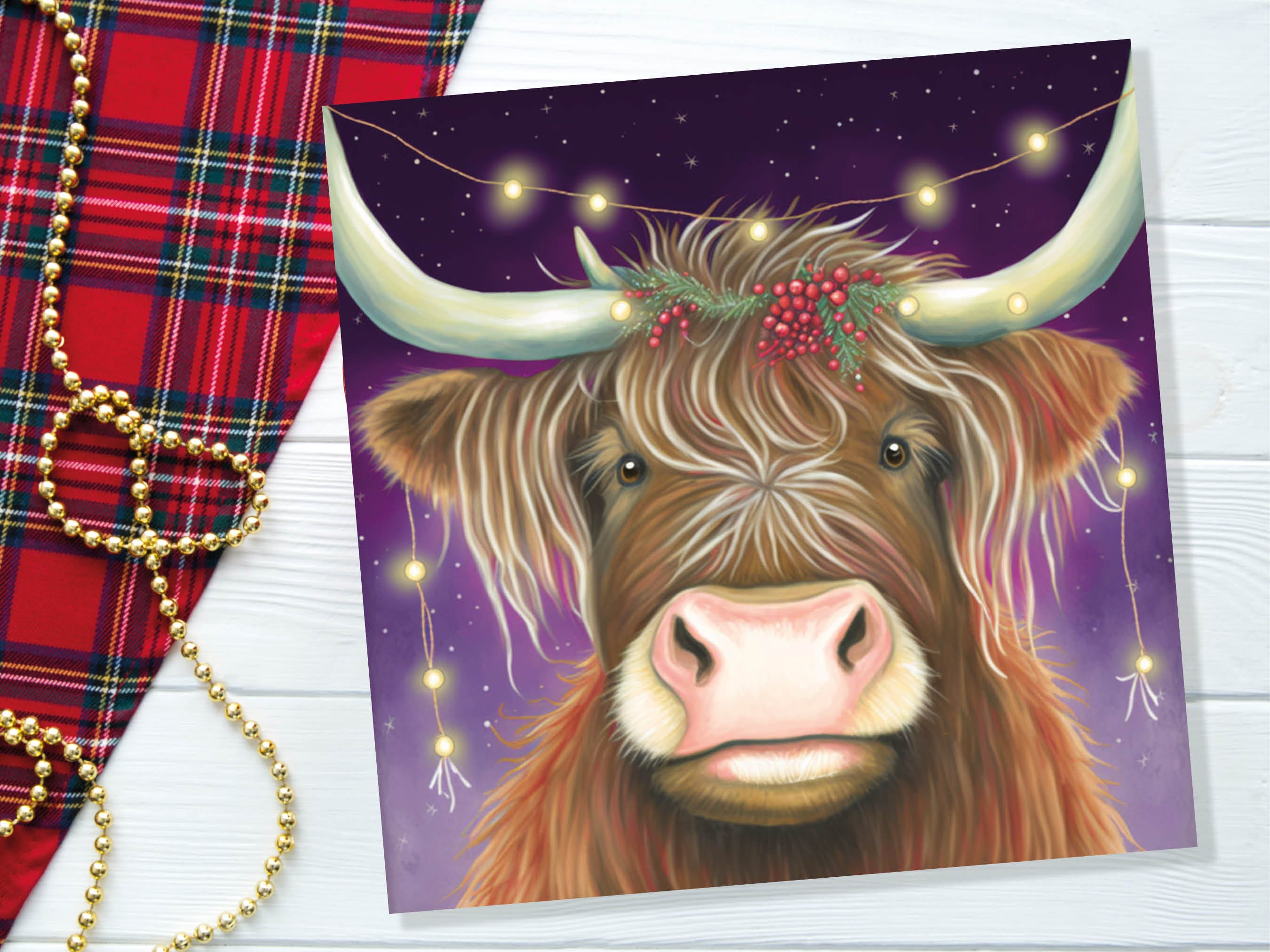Highland Cow Card Heilan Muckle Coo with Fairy Lights Magical Night Purple Scotland Scottish Greetings Family Friends Xmas 2025 Thank You