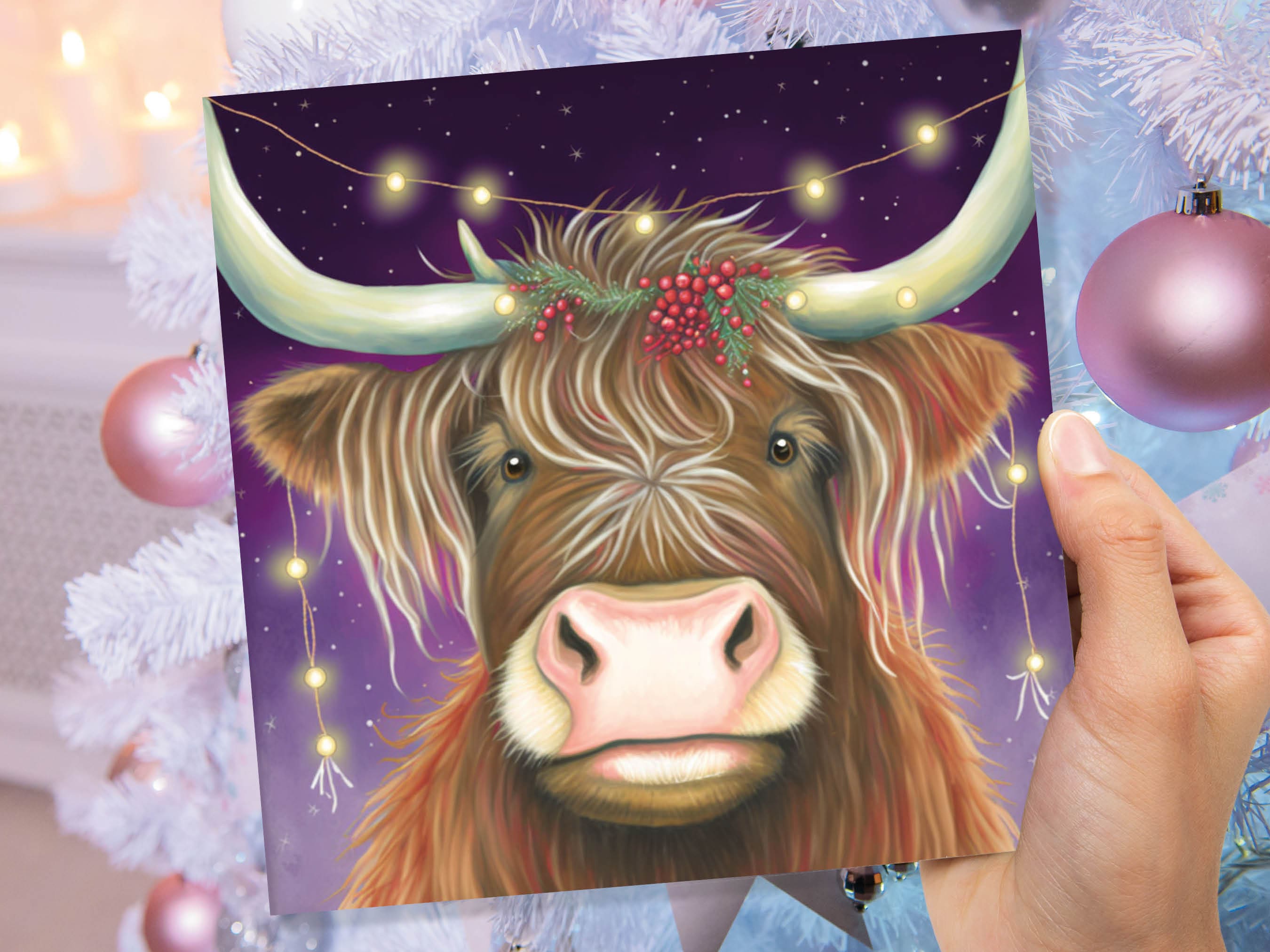 Highland Cow Card Heilan Muckle Coo with Fairy Lights Magical Night Purple Scotland Scottish Greetings Family Friends Xmas 2025 Thank You - View 7