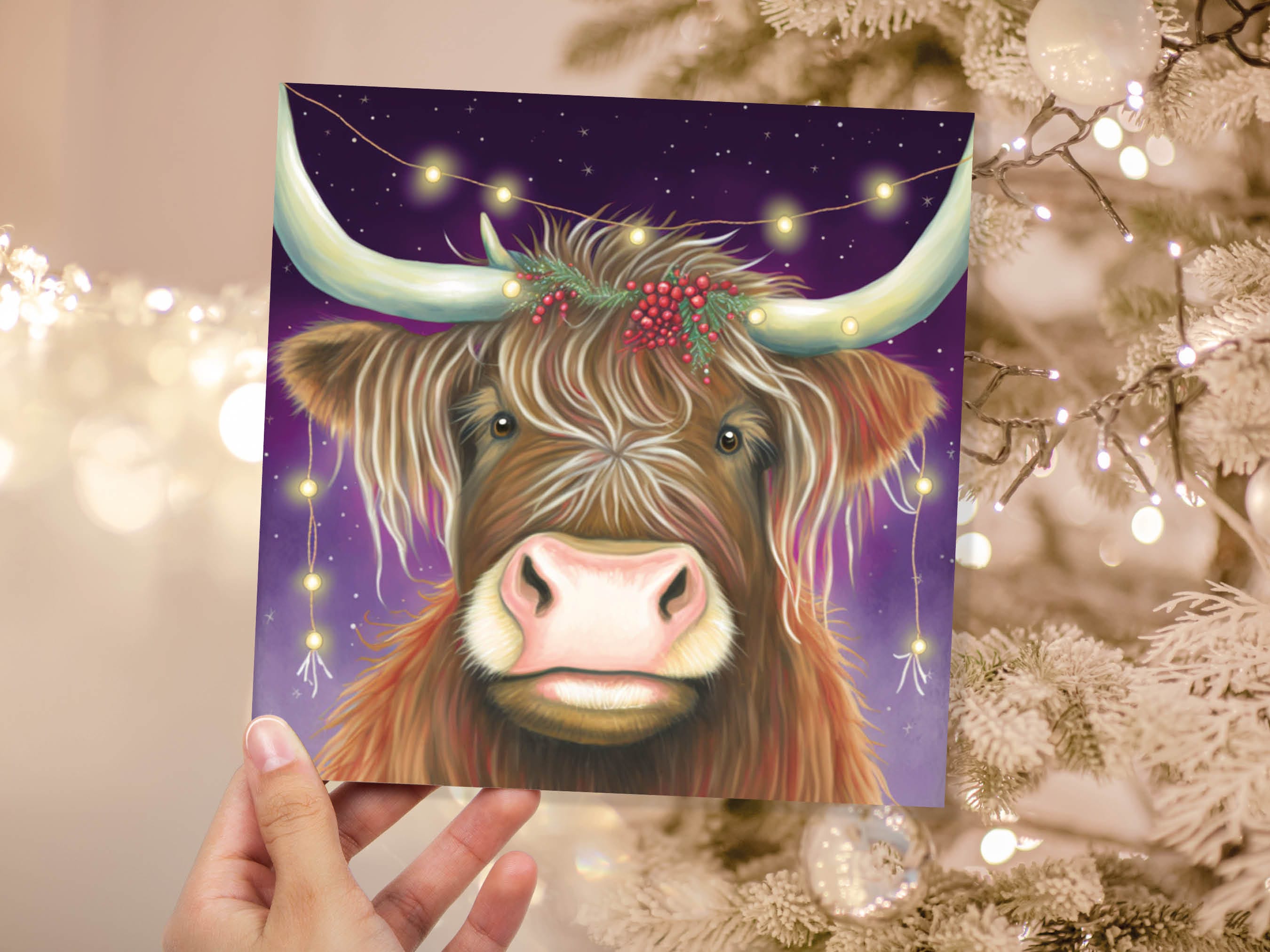 Highland Cow Card Heilan Muckle Coo with Fairy Lights Magical Night Purple Scotland Scottish Greetings Family Friends Xmas 2025 Thank You - View 4