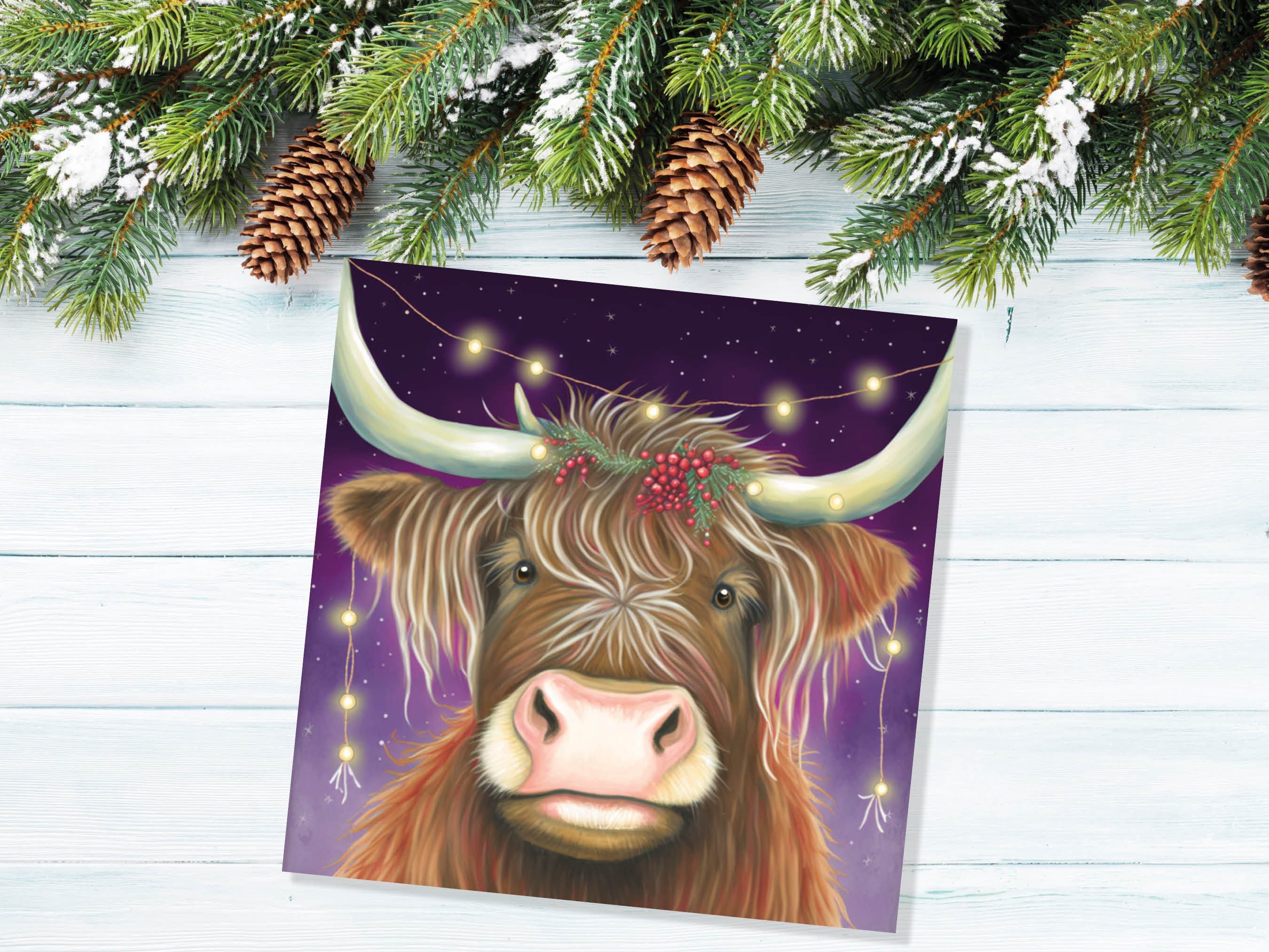 Highland Cow Card Heilan Muckle Coo with Fairy Lights Magical Night Purple Scotland Scottish Greetings Family Friends Xmas 2025 Thank You - View 5