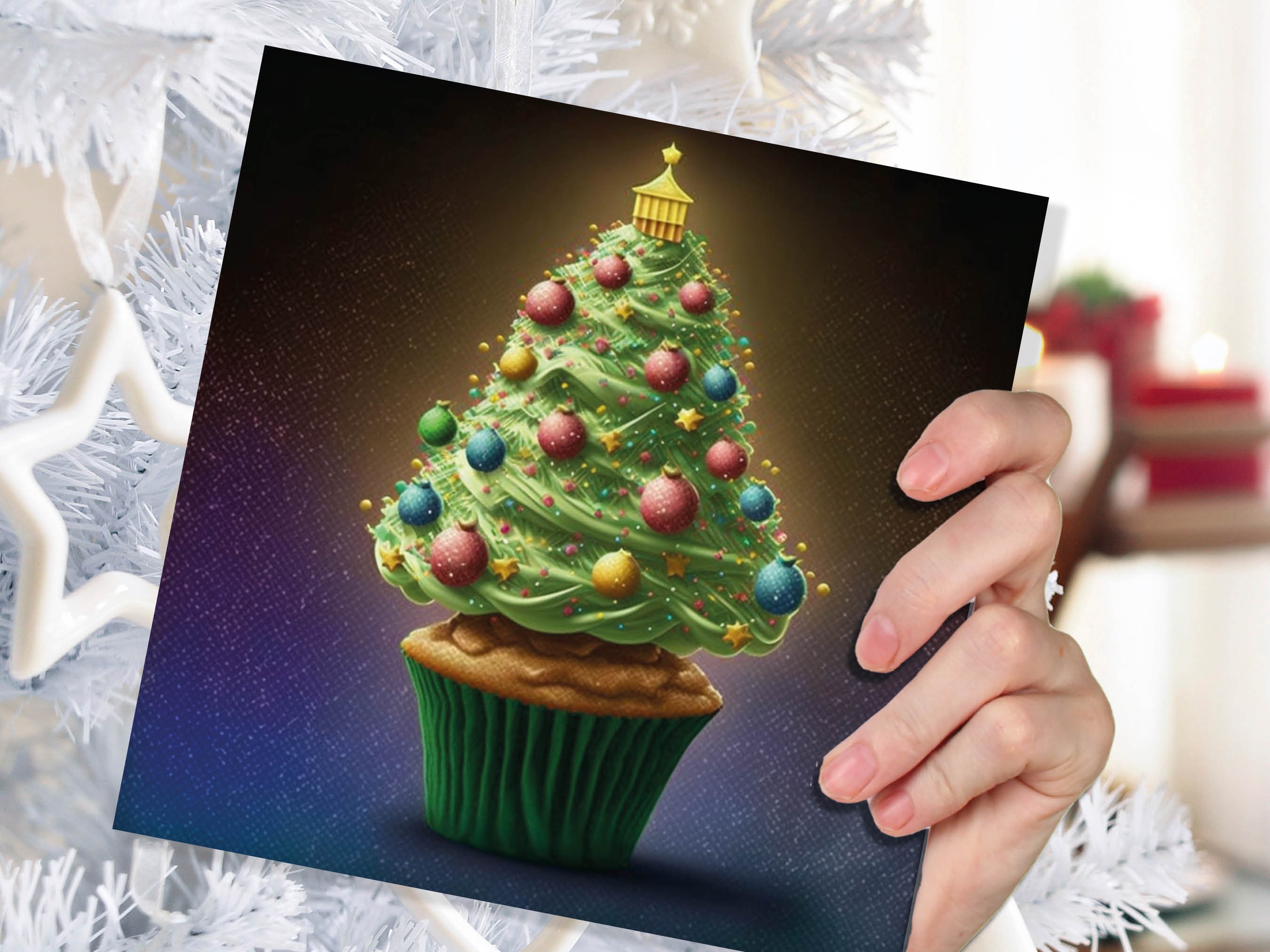 Cake Lovers Christmas Card Fairy Cupcake Tree Green Frosting Icing Pastel Baubles Xmas Greetings Card For Bakers Baking Family Friends 2025 - View 5