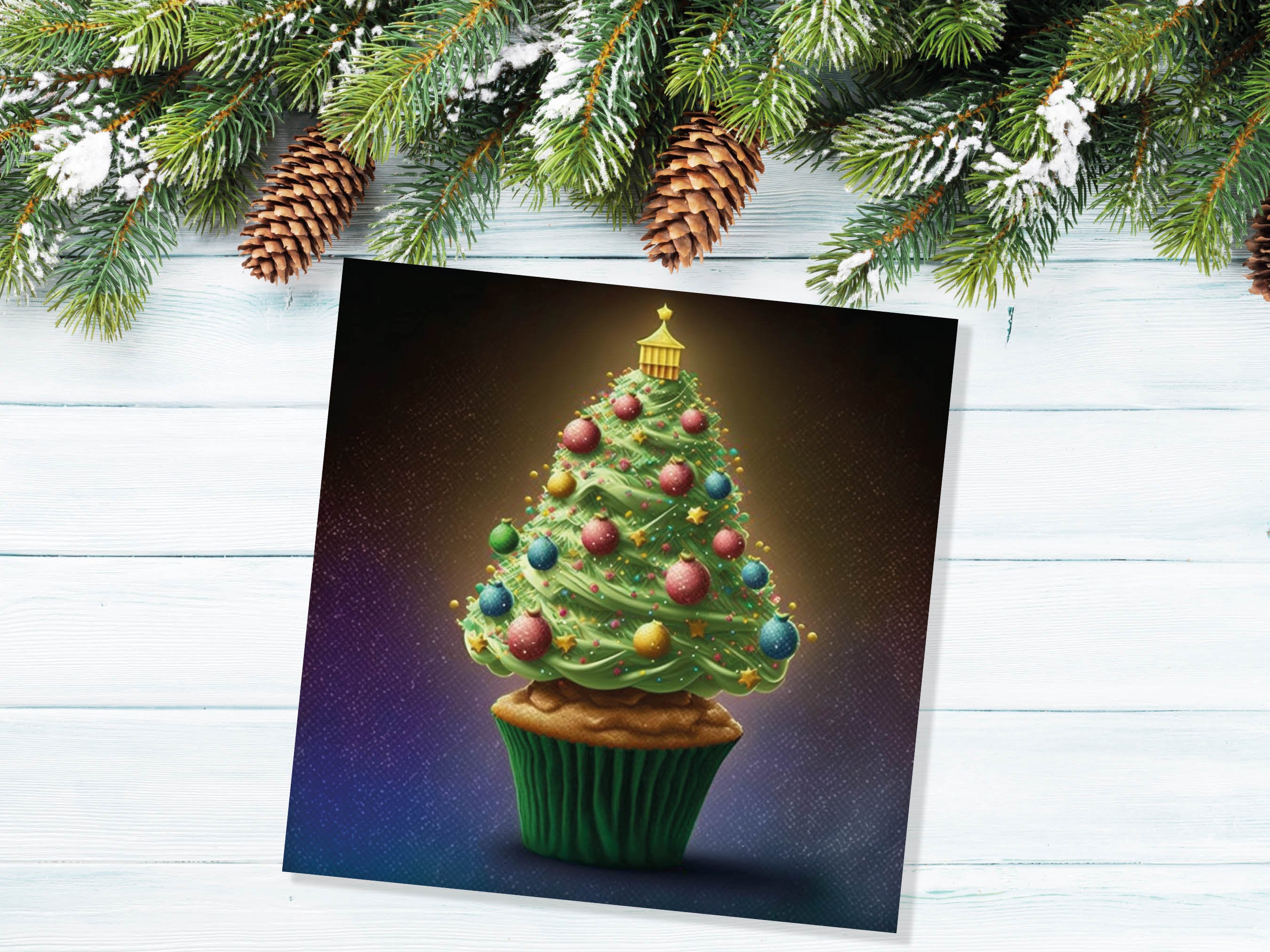 Cake Lovers Christmas Card Fairy Cupcake Tree Green Frosting Icing Pastel Baubles Xmas Greetings Card For Bakers Baking Family Friends 2025 - View 7