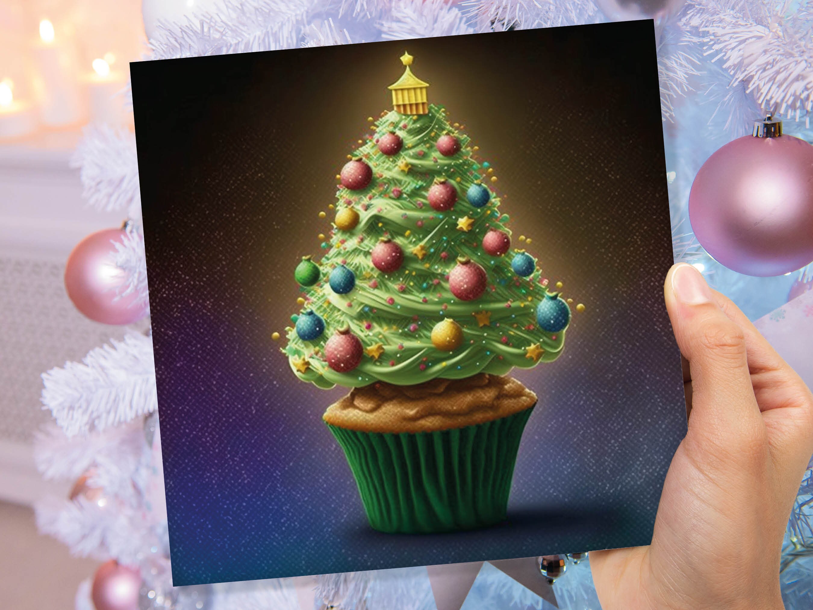 Cake Lovers Christmas Card Fairy Cupcake Tree Green Frosting Icing Pastel Baubles Xmas Greetings Card For Bakers Baking Family Friends 2025 - View 4