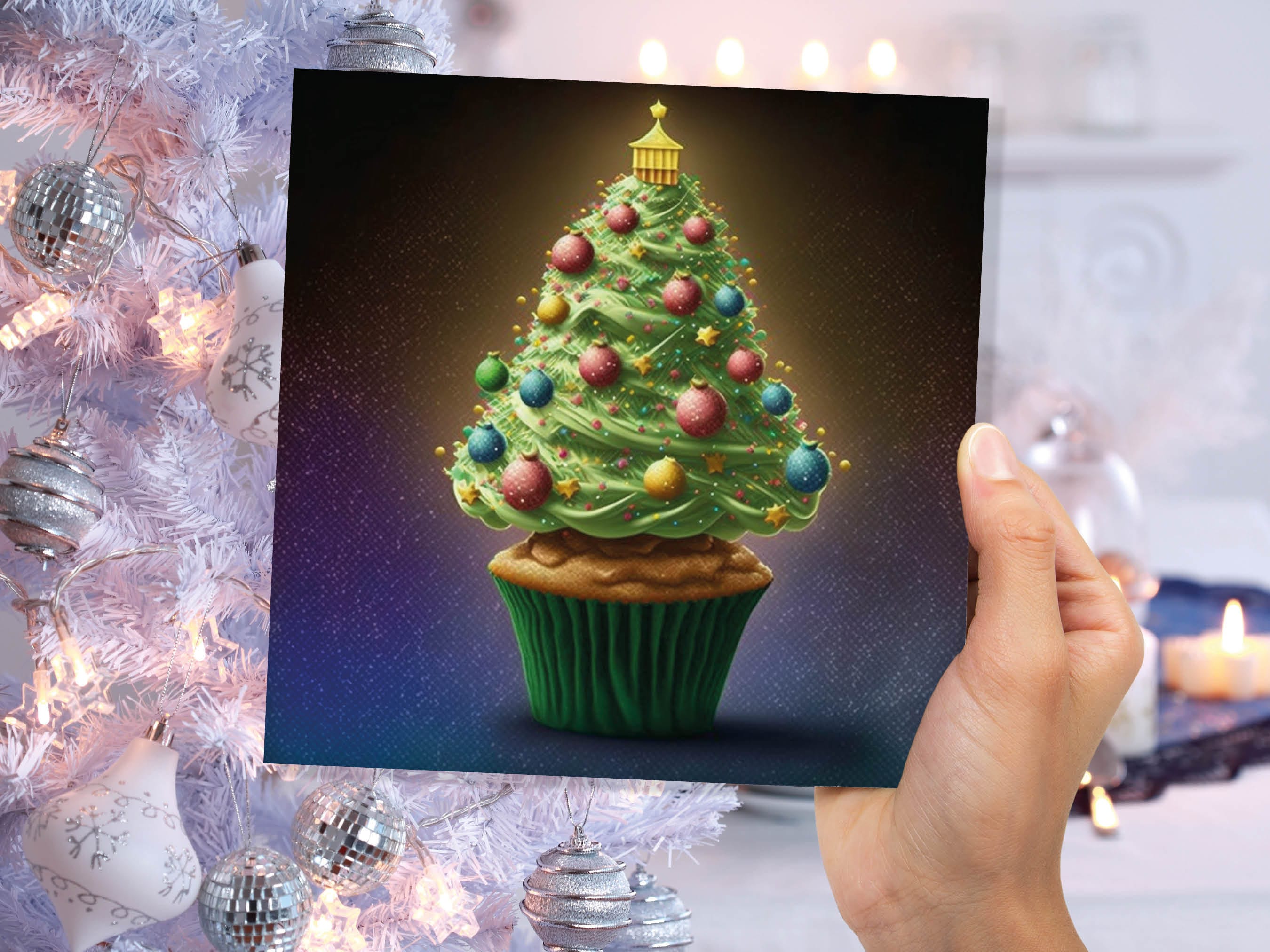 Cake Lovers Christmas Card Fairy Cupcake Tree Green Frosting Icing Pastel Baubles Xmas Greetings Card For Bakers Baking Family Friends 2025 - View 8