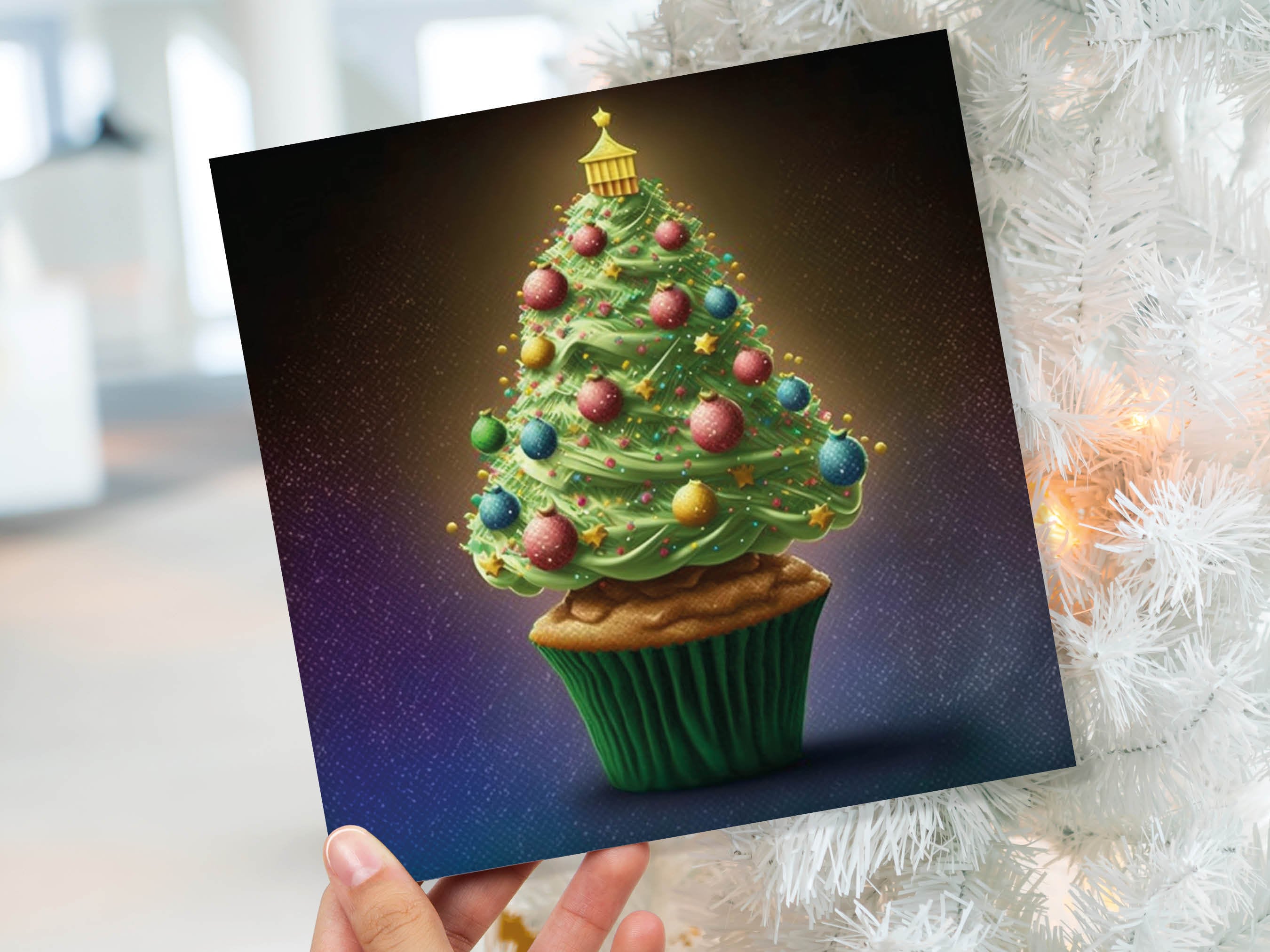 Cake Lovers Christmas Card Fairy Cupcake Tree Green Frosting Icing Pastel Baubles Xmas Greetings Card For Bakers Baking Family Friends 2025 - View 2