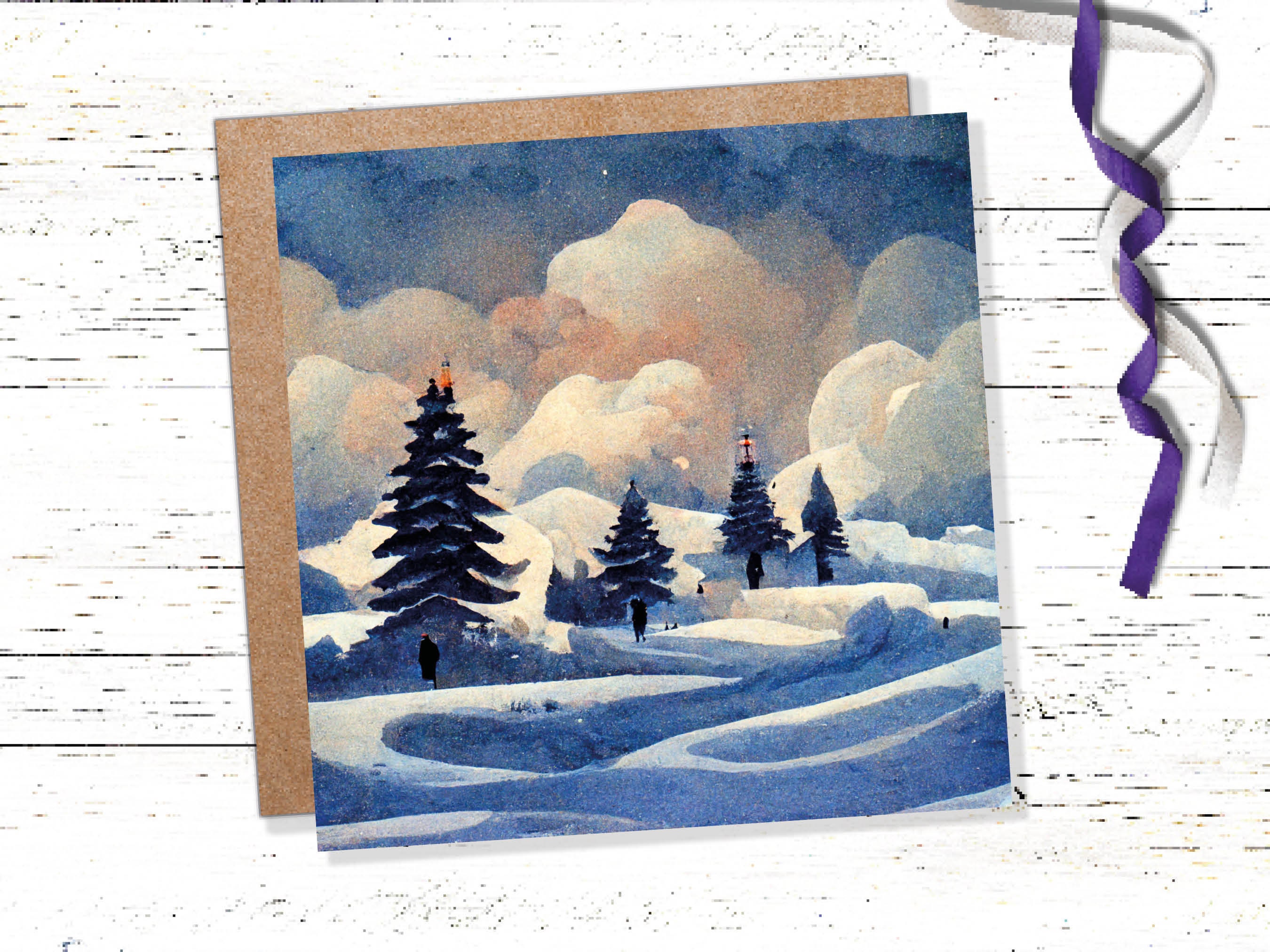 Winter Watercolour Card Impressionist Snow Scene with Trees Landscape Ski Hills Sun Blue Greetings for Family Friends Xmas 2025 Thank You