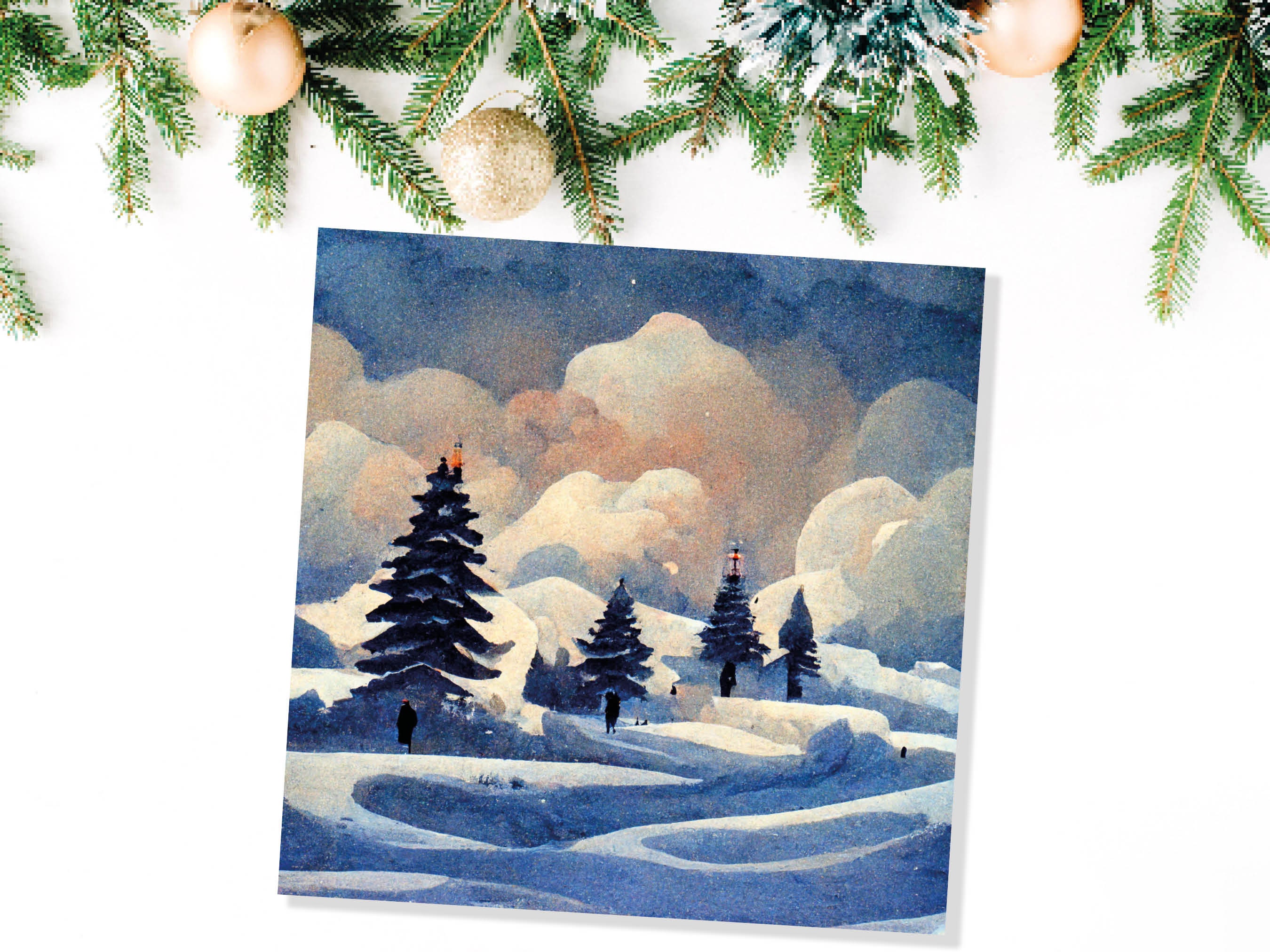 Winter Watercolour Card Impressionist Snow Scene with Trees Landscape Ski Hills Sun Blue Greetings for Family Friends Xmas 2025 Thank You - View 4