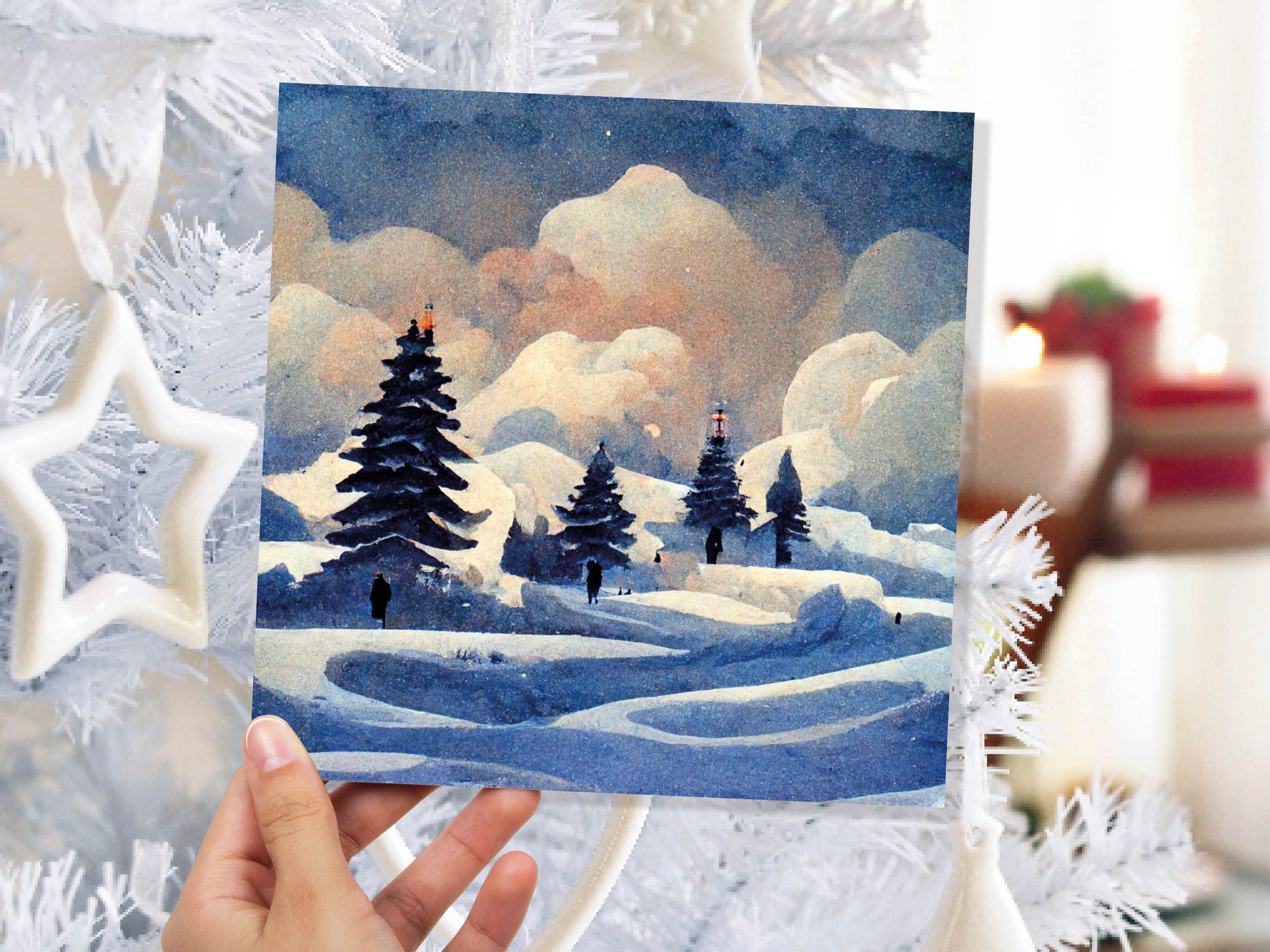 Winter Watercolour Card Impressionist Snow Scene with Trees Landscape Ski Hills Sun Blue Greetings for Family Friends Xmas 2025 Thank You - View 9