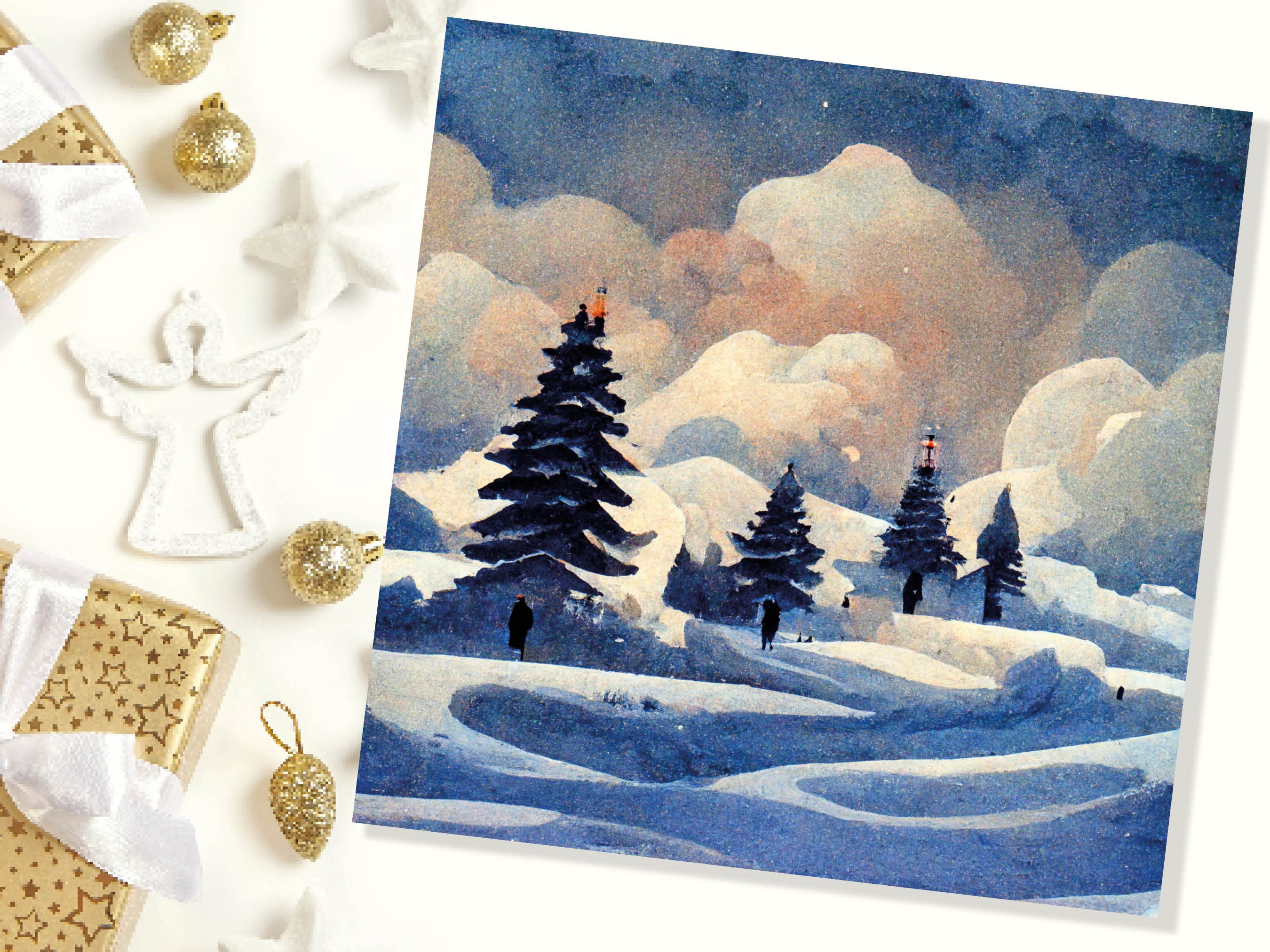 Winter Watercolour Card Impressionist Snow Scene with Trees Landscape Ski Hills Sun Blue Greetings for Family Friends Xmas 2025 Thank You - View 2