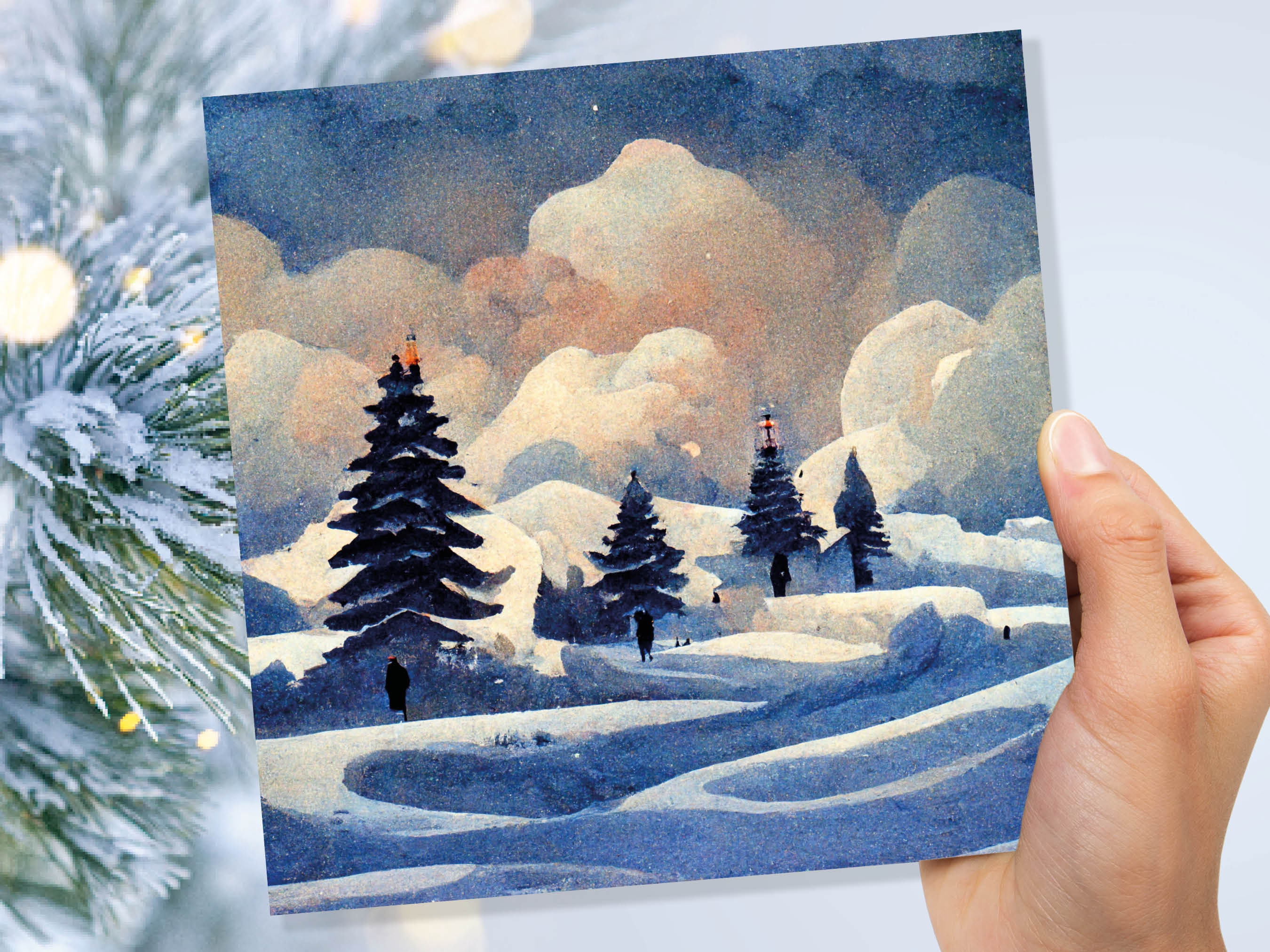 Winter Watercolour Card Impressionist Snow Scene with Trees Landscape Ski Hills Sun Blue Greetings for Family Friends Xmas 2025 Thank You - View 6