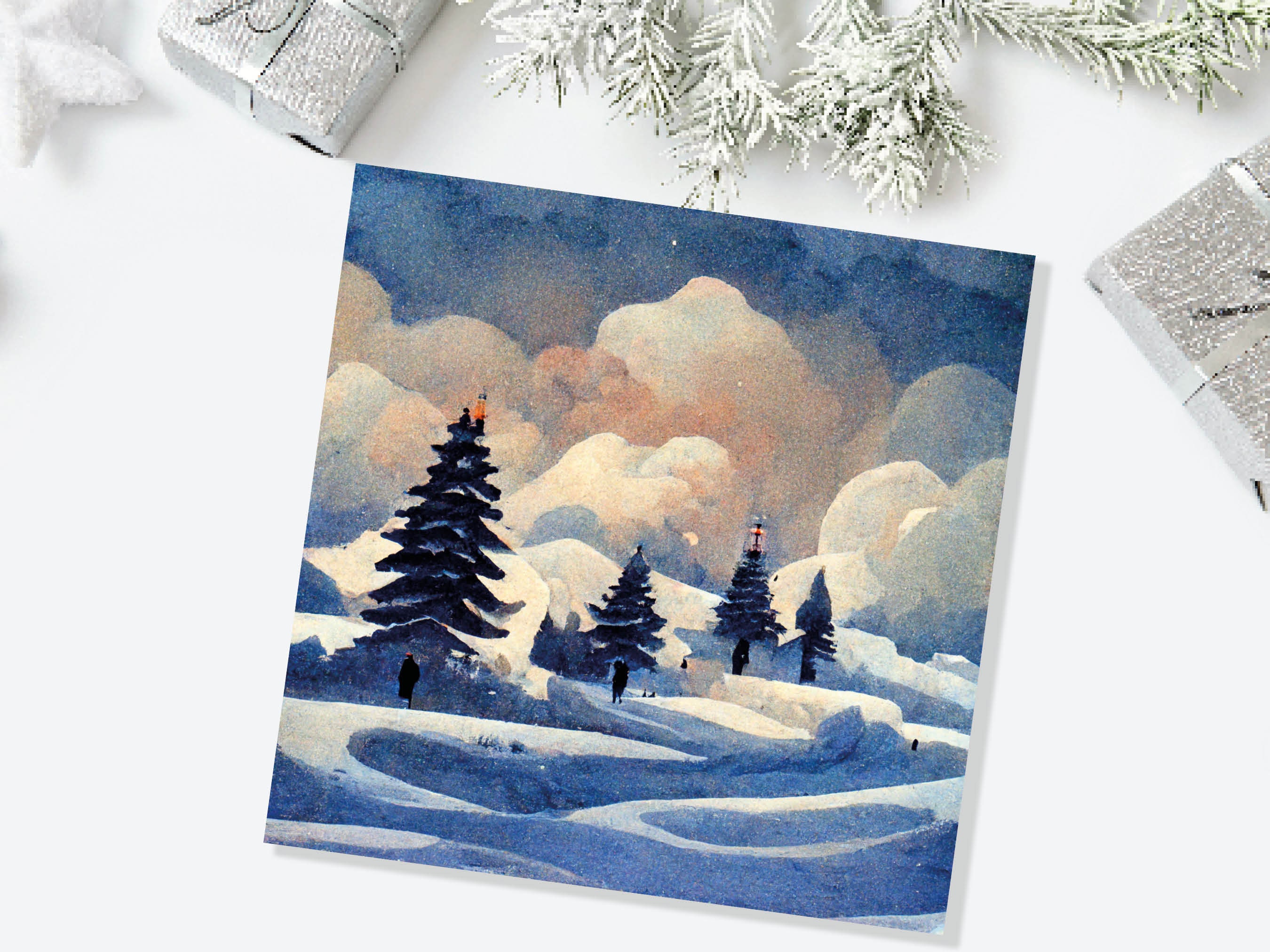 Winter Watercolour Card Impressionist Snow Scene with Trees Landscape Ski Hills Sun Blue Greetings for Family Friends Xmas 2025 Thank You - View 7