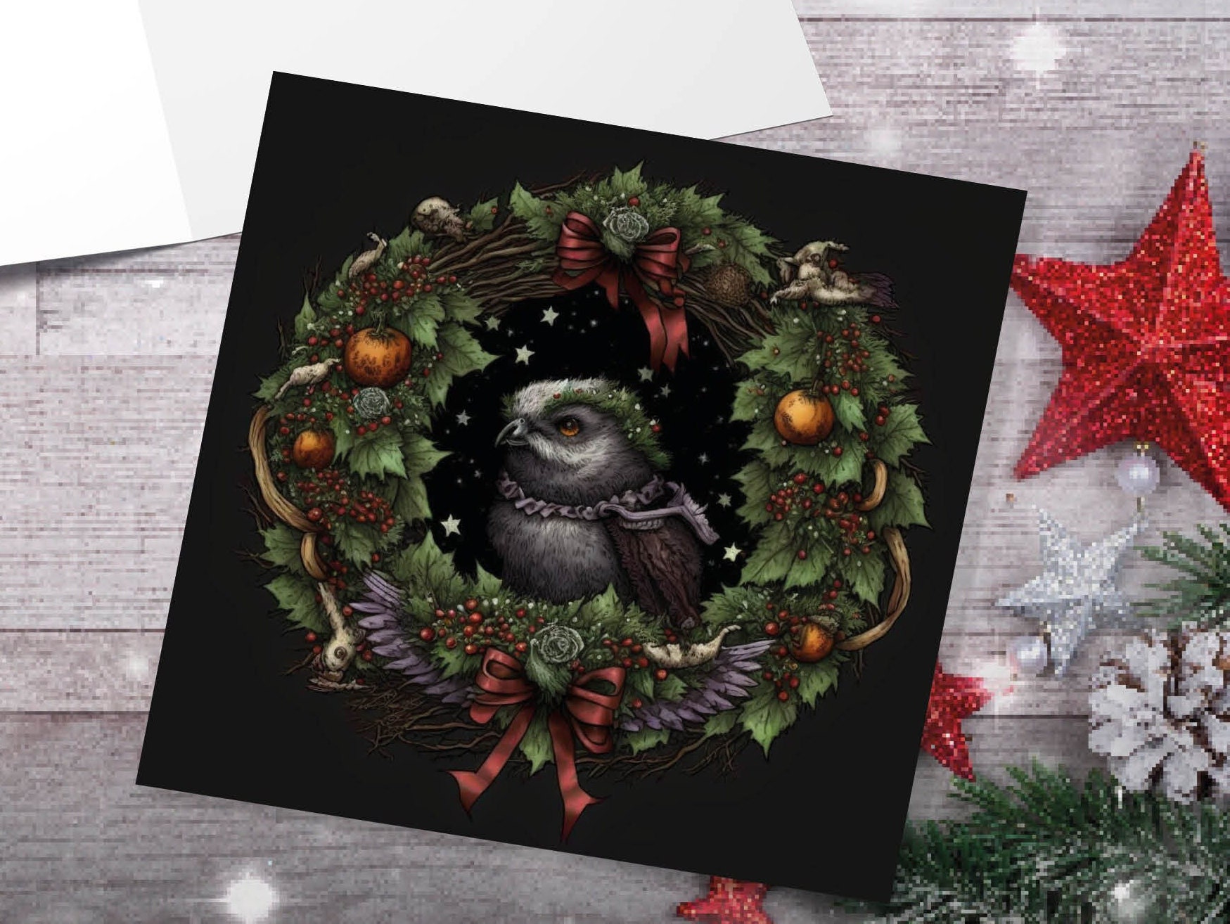 Pagan Yule Christmas Card Witchy Wiccan Owl Wreath with Dark Red and Green Leaves and Branches Design Greetings For Family Friends Xmas 2025 - View 8