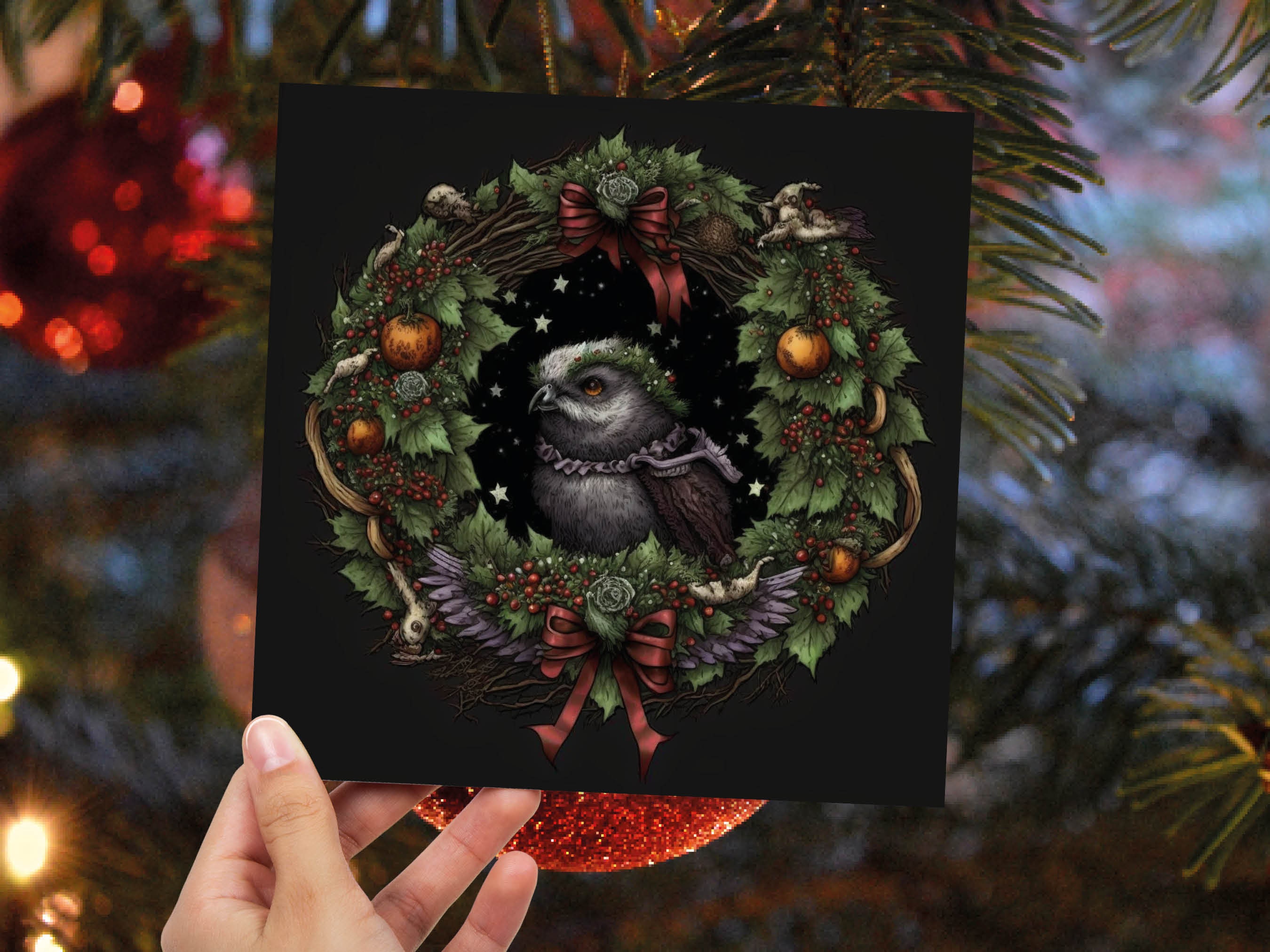 Pagan Yule Christmas Card Witchy Wiccan Owl Wreath with Dark Red and Green Leaves and Branches Design Greetings For Family Friends Xmas 2025 - View 2