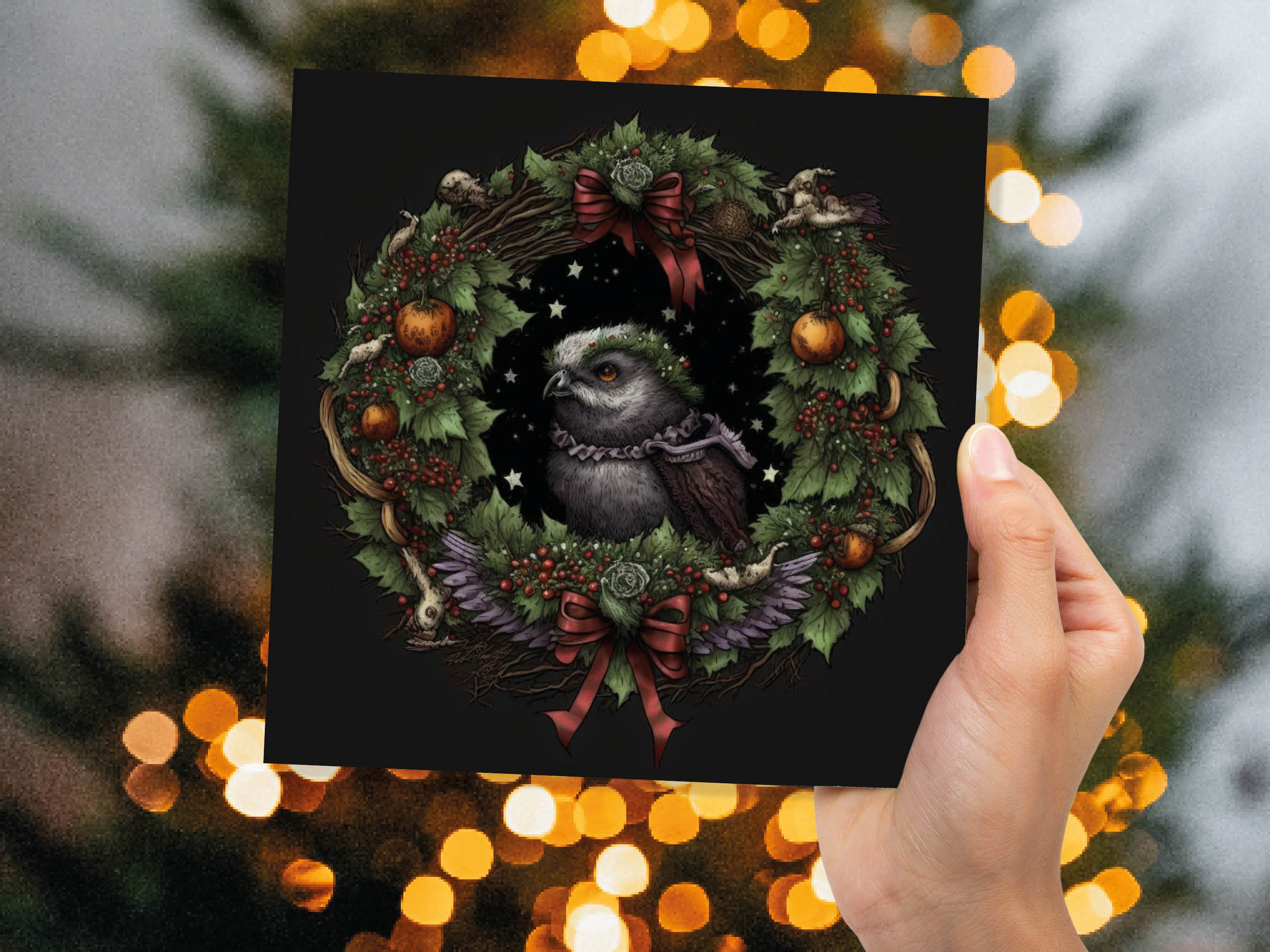 Pagan Yule Christmas Card Witchy Wiccan Owl Wreath with Dark Red and Green Leaves and Branches Design Greetings For Family Friends Xmas 2025 - View 4