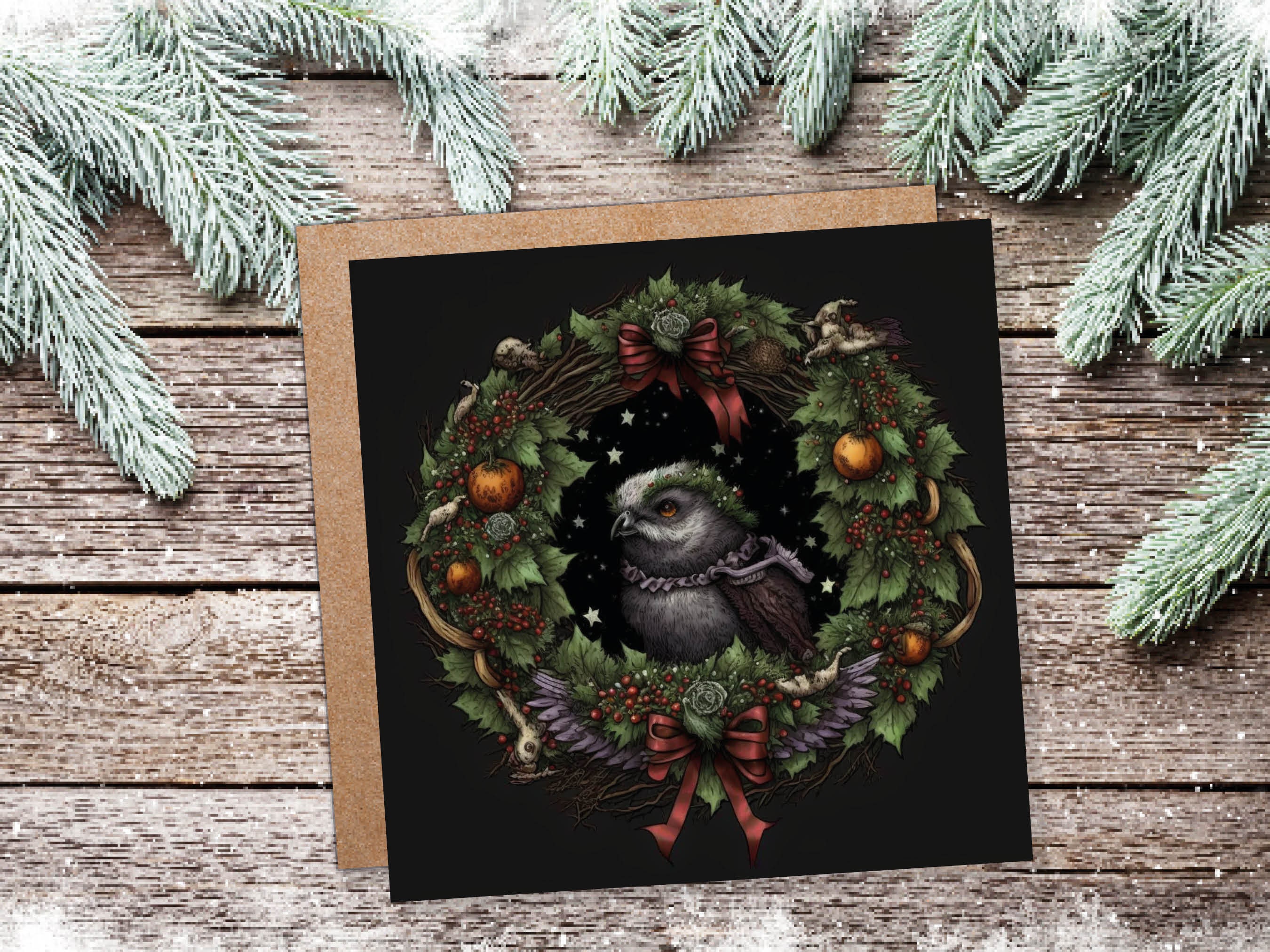 Pagan Yule Christmas Card Witchy Wiccan Owl Wreath with Dark Red and Green Leaves and Branches Design Greetings For Family Friends Xmas 2025 - View 3