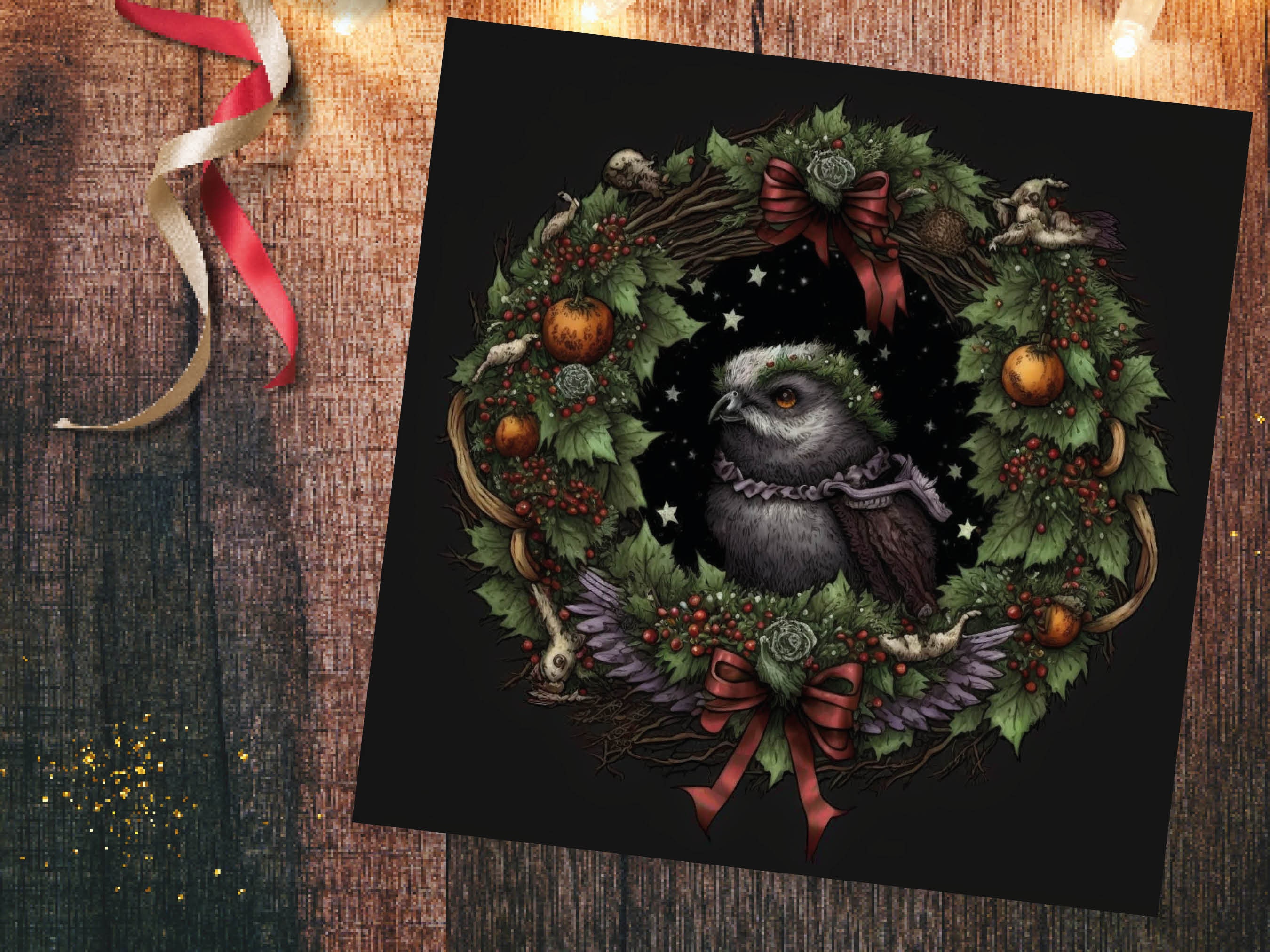 Pagan Yule Christmas Card Witchy Wiccan Owl Wreath with Dark Red and Green Leaves and Branches Design Greetings For Family Friends Xmas 2025 - View 5