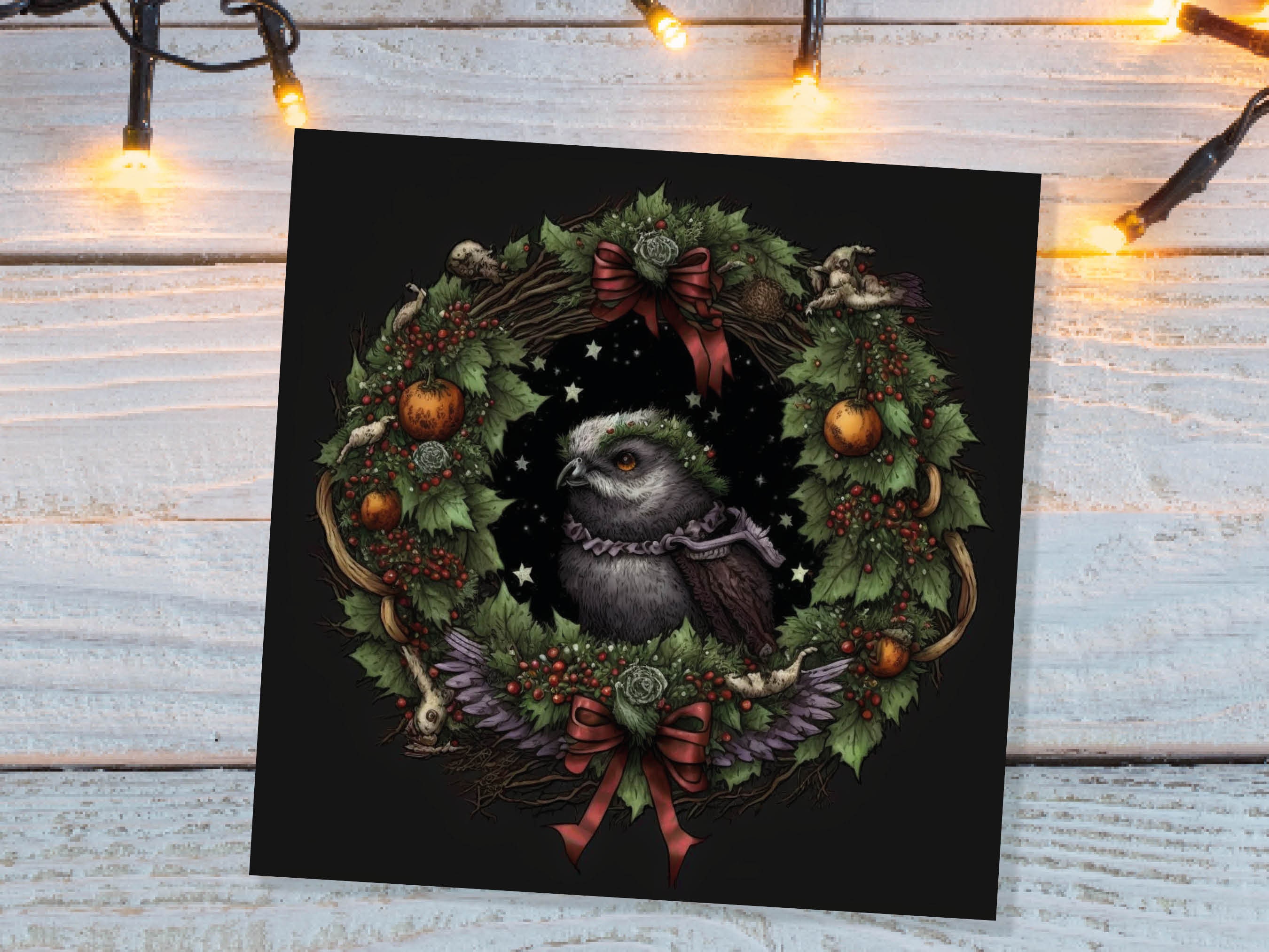 Pagan Yule Christmas Card Witchy Wiccan Owl Wreath with Dark Red and Green Leaves and Branches Design Greetings For Family Friends Xmas 2025 - View 9