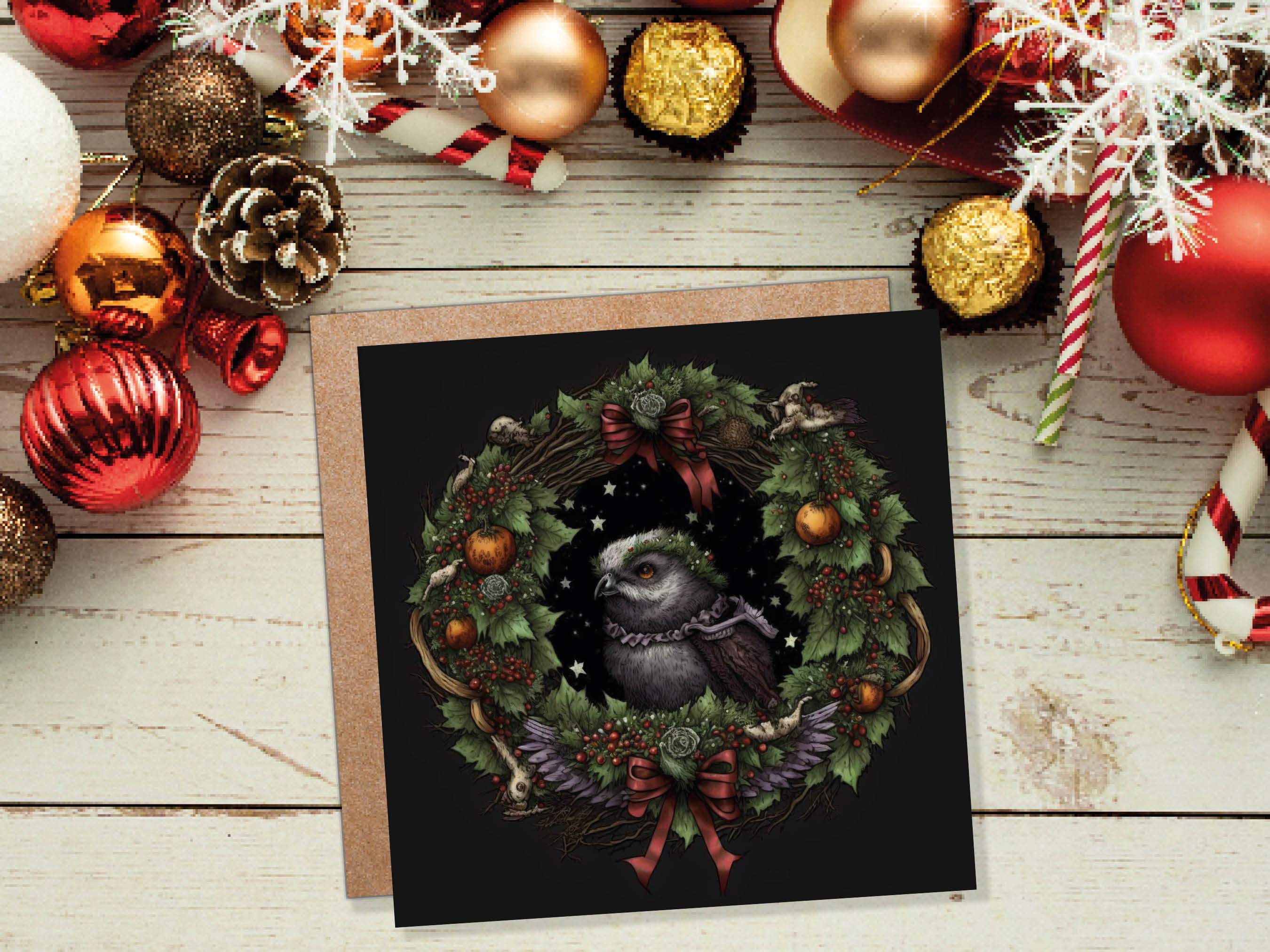 Pagan Yule Christmas Card Witchy Wiccan Owl Wreath with Dark Red and Green Leaves and Branches Design Greetings For Family Friends Xmas 2025 - View 7