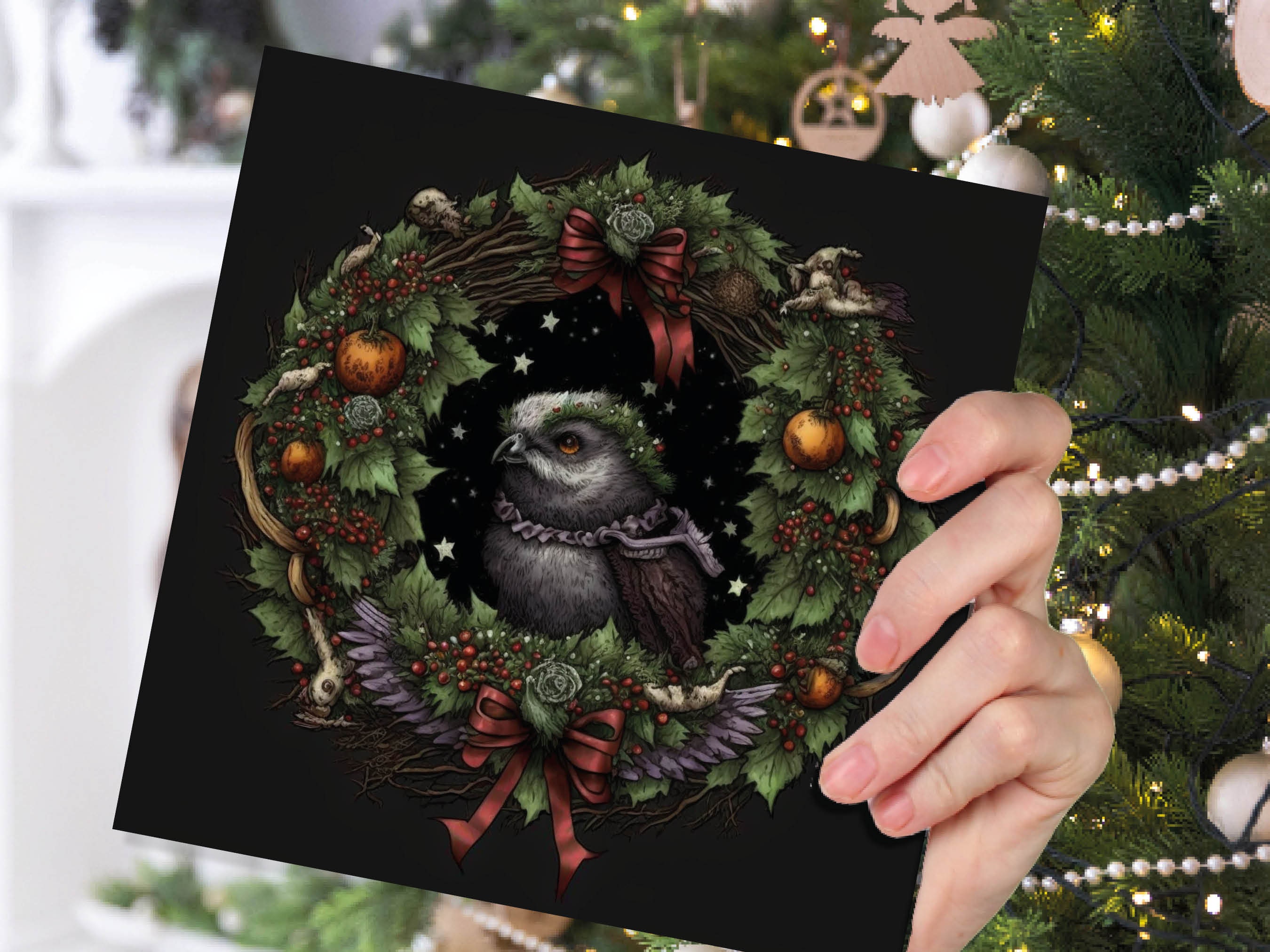 Pagan Yule Christmas Card Witchy Wiccan Owl Wreath with Dark Red and Green Leaves and Branches Design Greetings For Family Friends Xmas 2025 - View 10