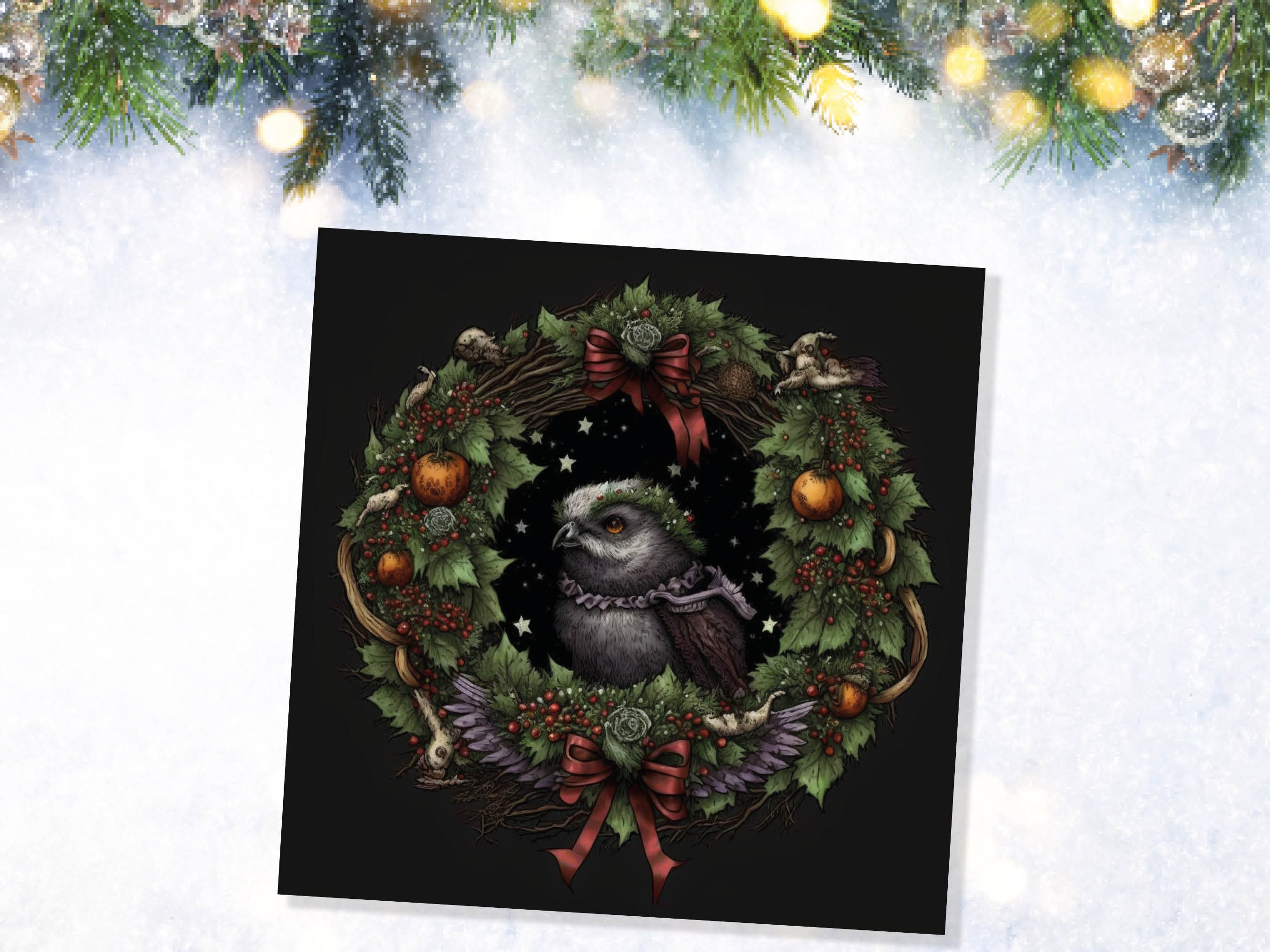 Pagan Yule Christmas Card Witchy Wiccan Owl Wreath with Dark Red and Green Leaves and Branches Design Greetings For Family Friends Xmas 2025 - View 6