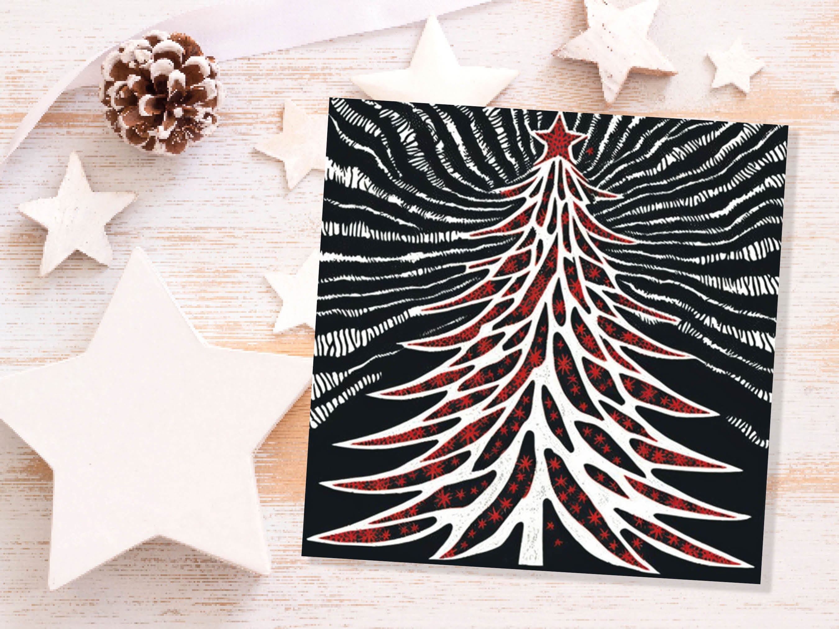 Linocut Christmas Tree Card Black White Red Retro Monochrome Magical Northern Lights Night Sky Greetings Cards For Family Friends Xmas 2025 - View 8