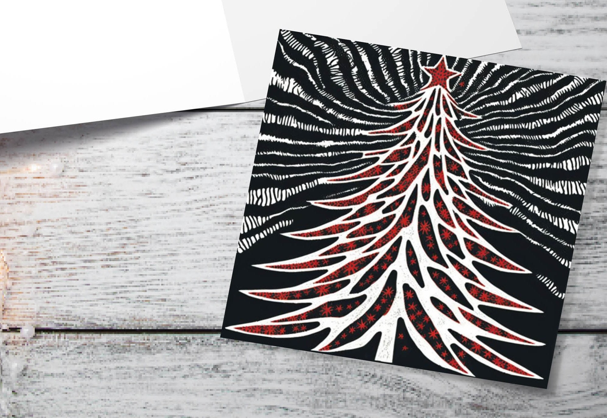 Linocut Christmas Tree Card Black White Red Retro Monochrome Magical Northern Lights Night Sky Greetings Cards For Family Friends Xmas 2025 - View 10