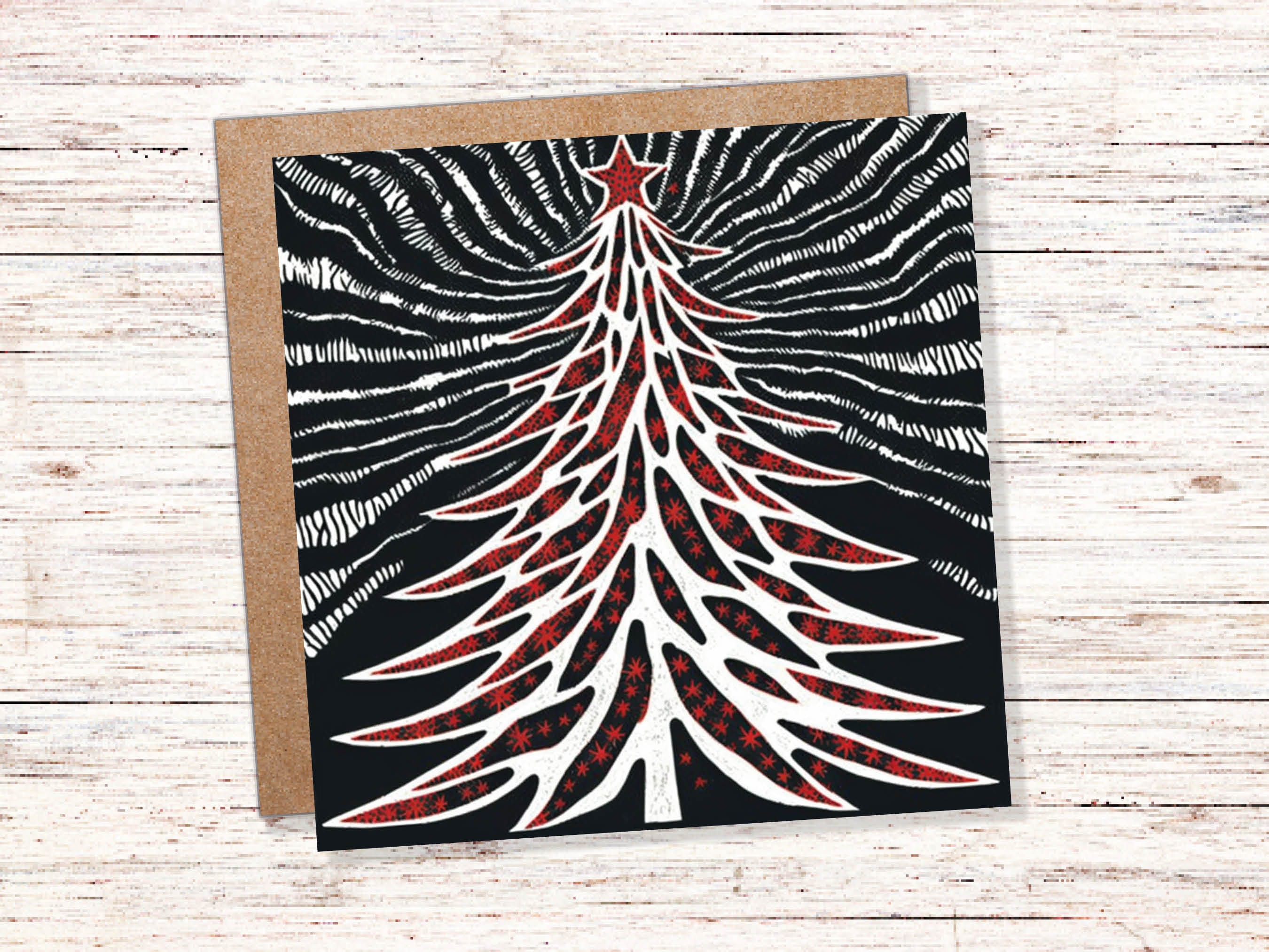 Linocut Christmas Tree Card Black White Red Retro Monochrome Magical Northern Lights Night Sky Greetings Cards For Family Friends Xmas 2025 - View 3