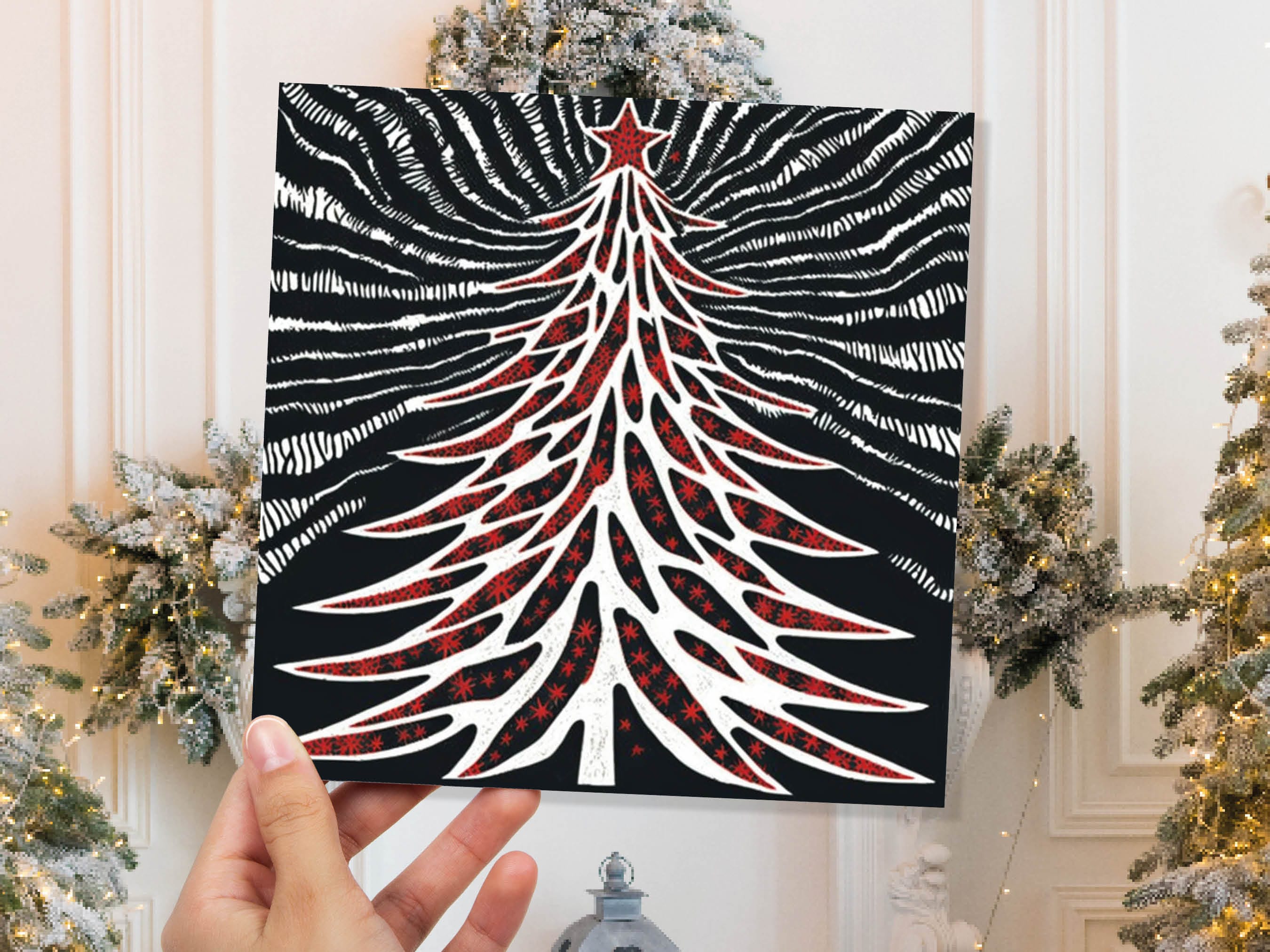 Linocut Christmas Tree Card Black White Red Retro Monochrome Magical Northern Lights Night Sky Greetings Cards For Family Friends Xmas 2025 - View 2