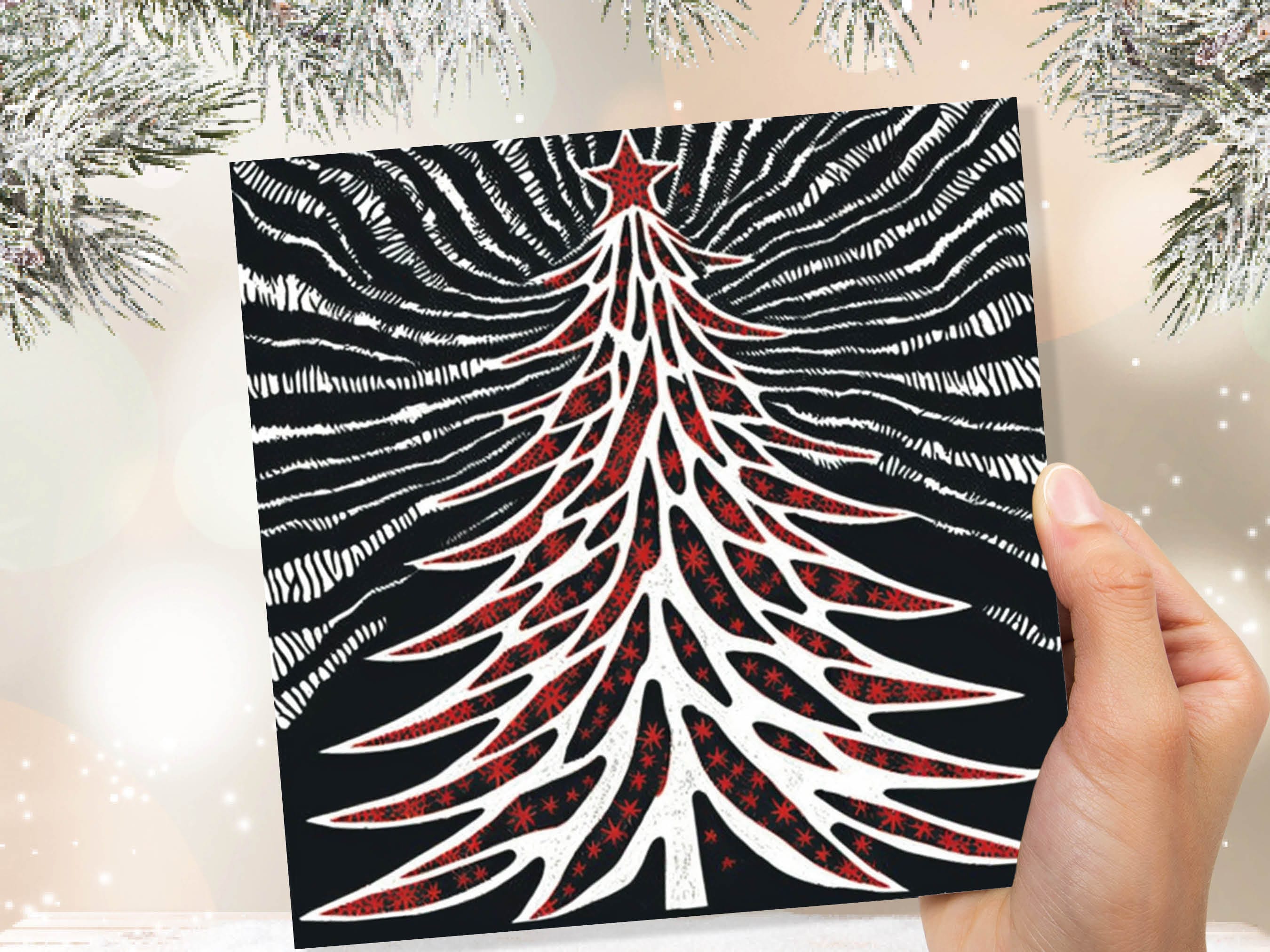Linocut Christmas Tree Card Black White Red Retro Monochrome Magical Northern Lights Night Sky Greetings Cards For Family Friends Xmas 2025 - View 7