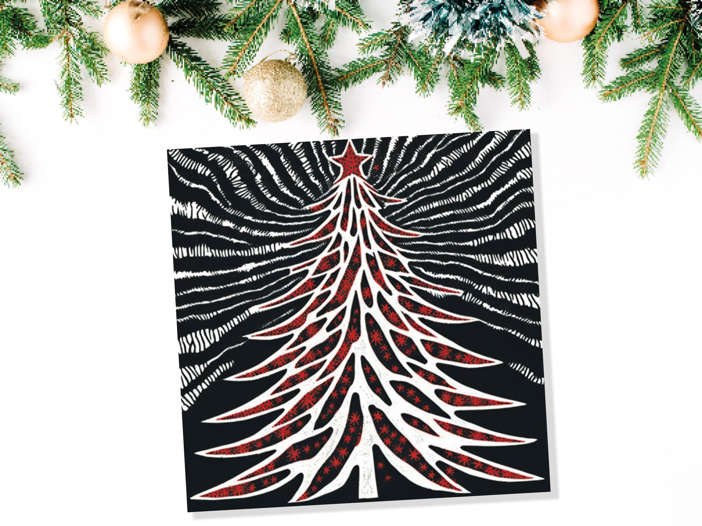 Linocut Christmas Tree Card Black White Red Retro Monochrome Magical Northern Lights Night Sky Greetings Cards For Family Friends Xmas 2025 - View 5