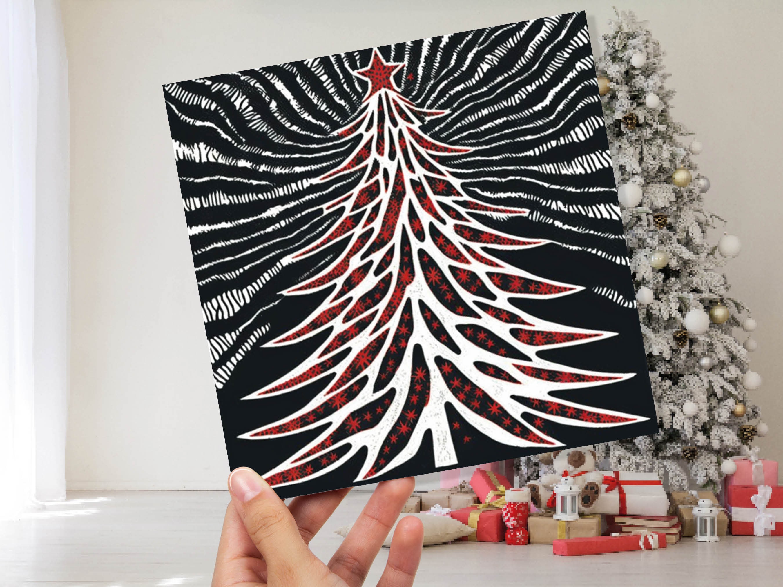 Linocut Christmas Tree Card Black White Red Retro Monochrome Magical Northern Lights Night Sky Greetings Cards For Family Friends Xmas 2025 - View 9
