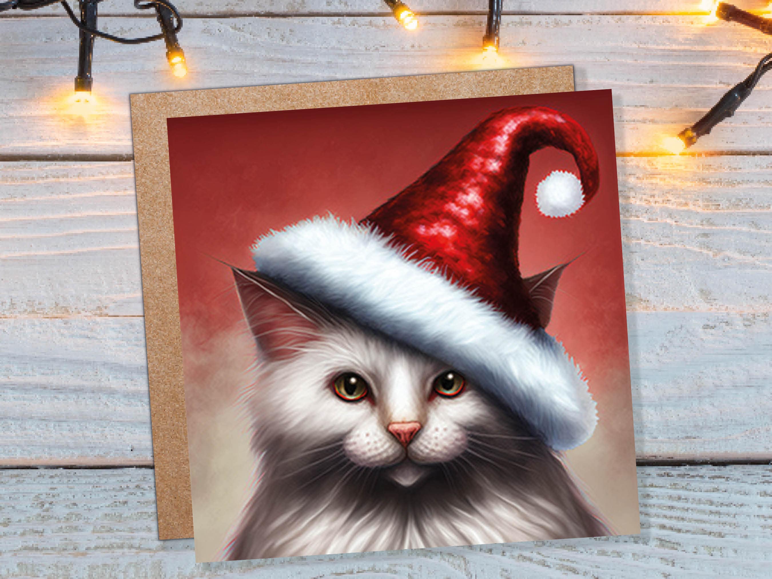 White Cat Christmas Card Long Haired Kitty Wearing Cute Red Santa Hat Festive with Amber Eyes Greetings Cards For Family Friends Xmas 2025 - View 2