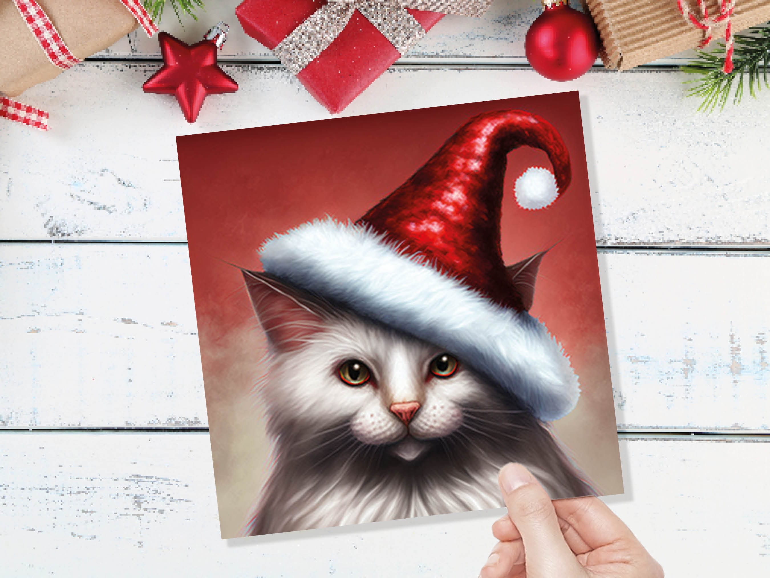 White Cat Christmas Card Long Haired Kitty Wearing Cute Red Santa Hat Festive with Amber Eyes Greetings Cards For Family Friends Xmas 2025 - View 8
