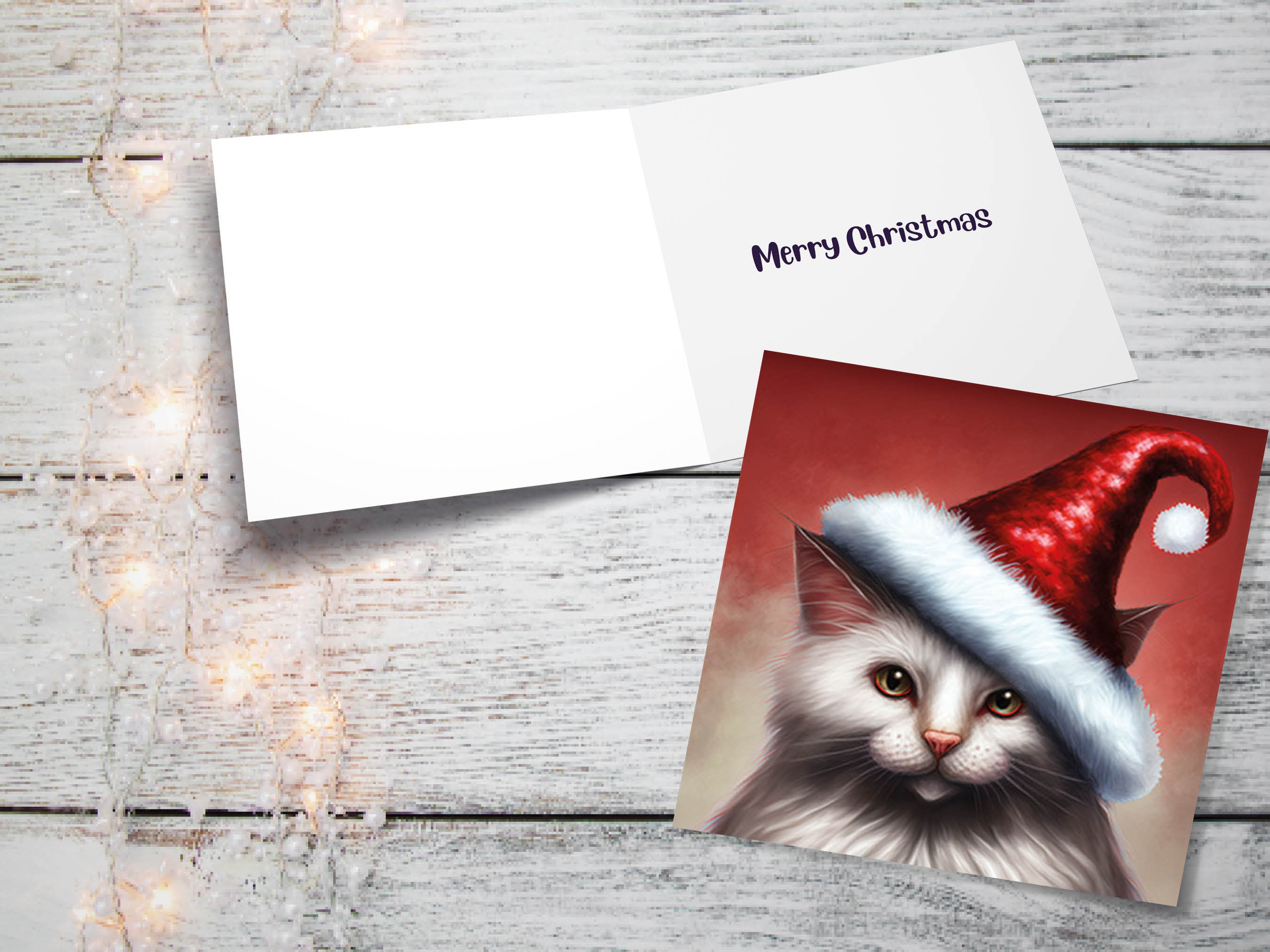White Cat Christmas Card Long Haired Kitty Wearing Cute Red Santa Hat Festive with Amber Eyes Greetings Cards For Family Friends Xmas 2025 - View 10