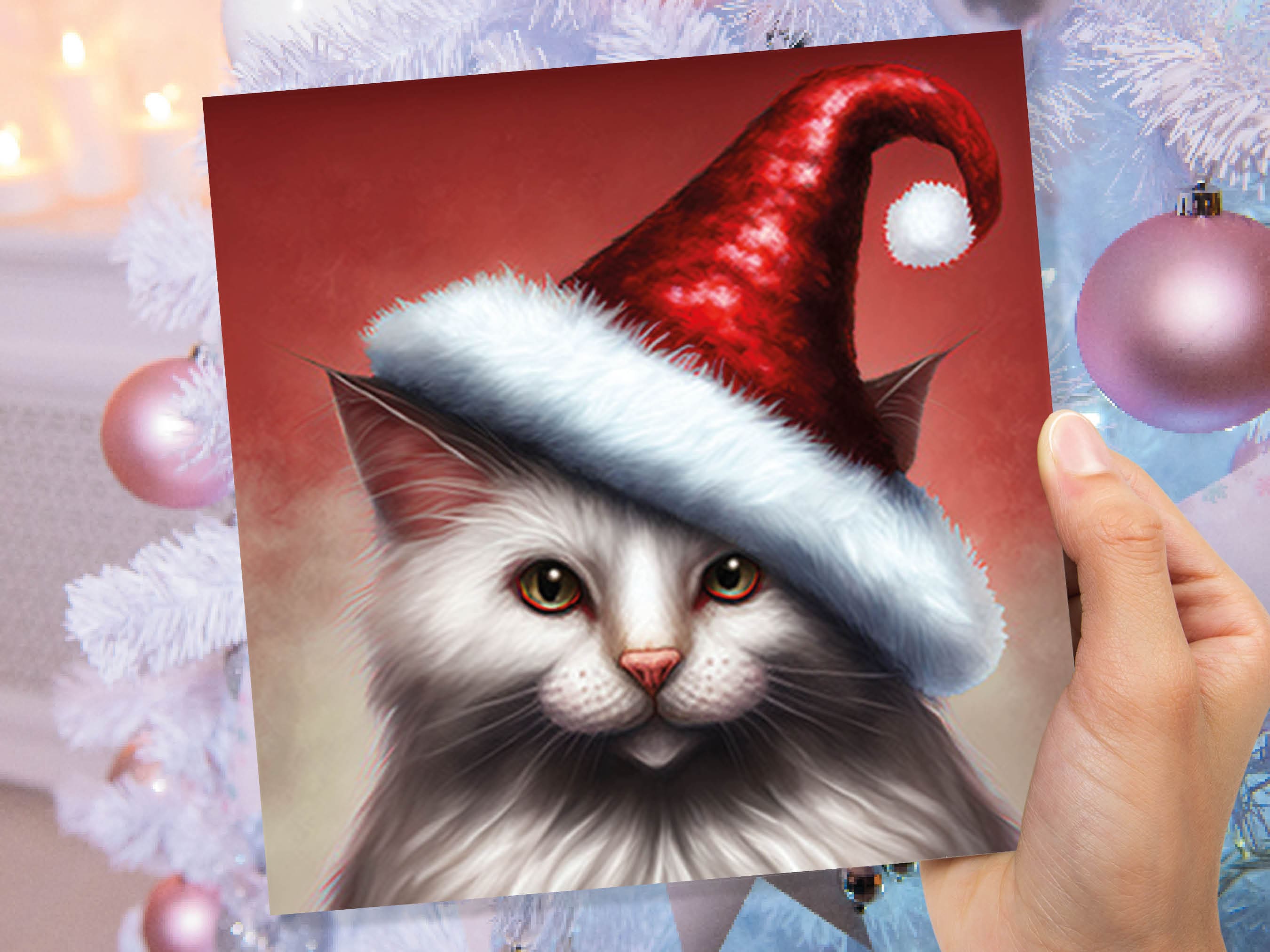 White Cat Christmas Card Long Haired Kitty Wearing Cute Red Santa Hat Festive with Amber Eyes Greetings Cards For Family Friends Xmas 2025 - View 7