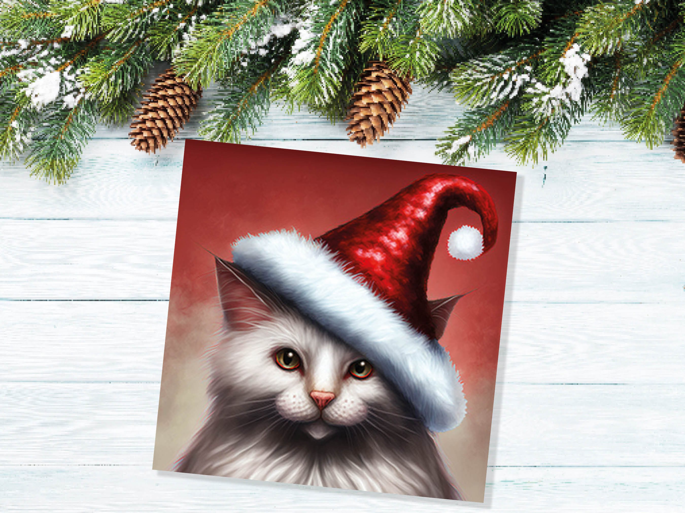 White Cat Christmas Card Long Haired Kitty Wearing Cute Red Santa Hat Festive with Amber Eyes Greetings Cards For Family Friends Xmas 2025 - View 4